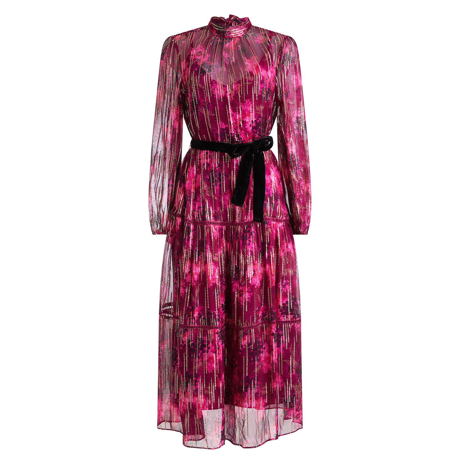 Women’s Pink / Purple The Beatrice High Neck Blouson Sleeve Midi Dress With Velvet Belt XXL Hope and Ivy