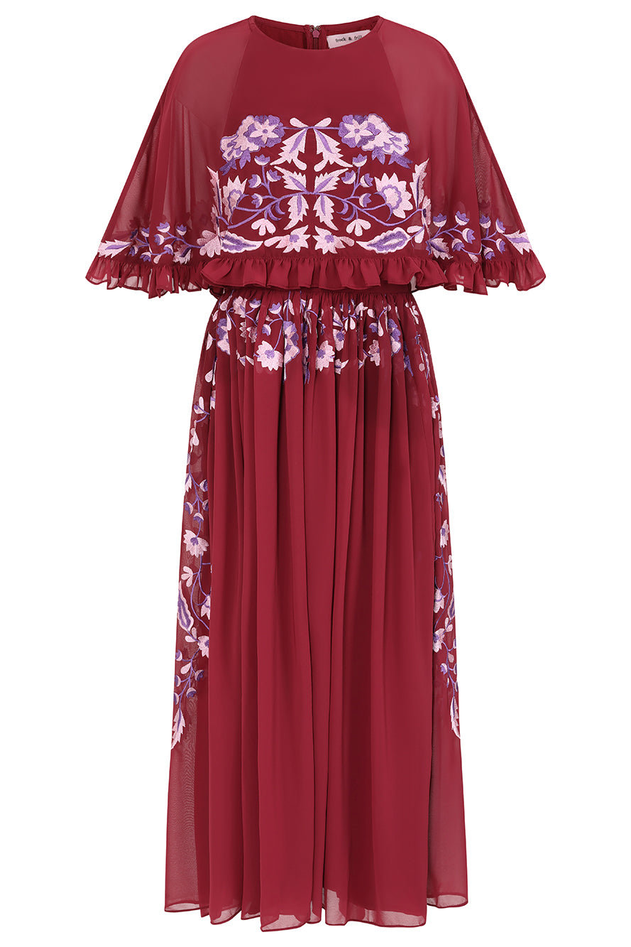 Frock And Frill Women's Scarlett Burgundy Embroidered Midi Dress With Cape Detail In Red