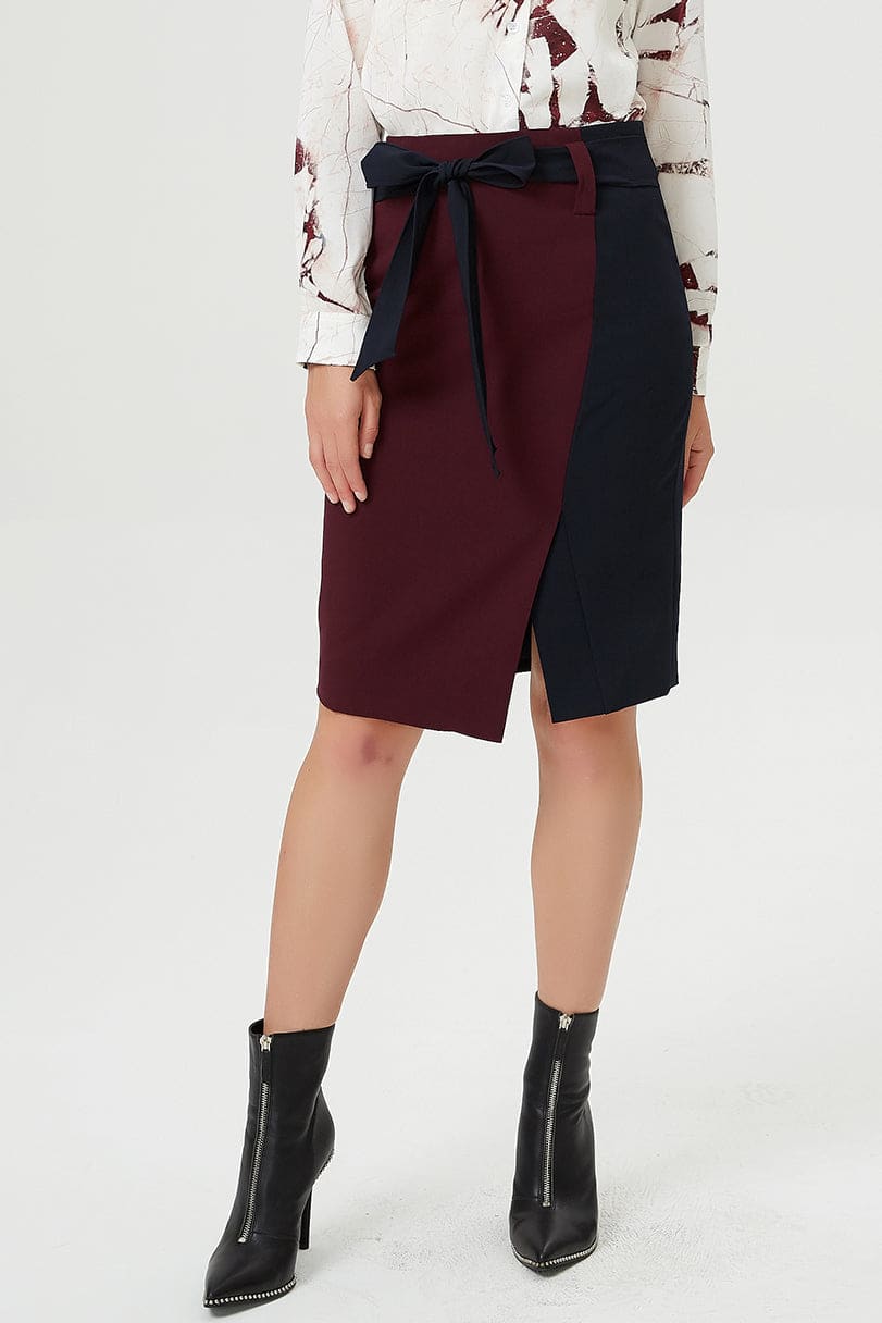 Asymmetrical Color Block Skirt With Knot Belt | Smart and
