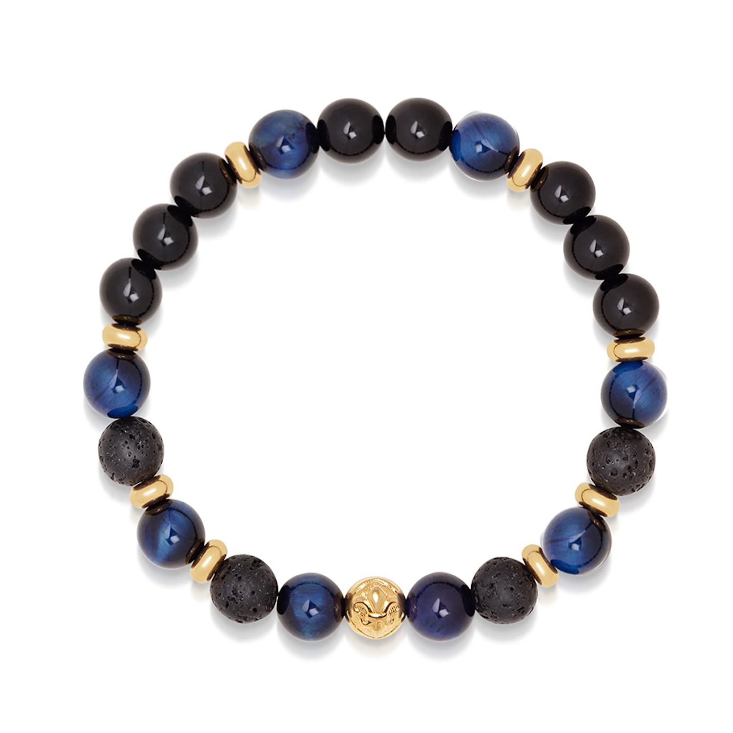 Blue / Black / Gold Men’s Wristband With Blue Tiger Eye, Black Agate, Lava Stone And Gold Nialaya