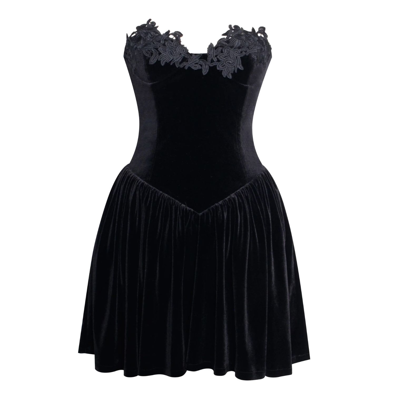 Miss Circle New York Women's Nora Black Velvet Drop Waist Corset Puffy Mini Dress With Lace Trim