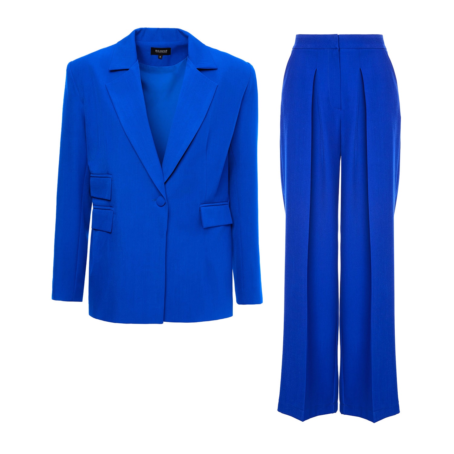 Bluzat Women's Electric Blue Suit With Regular Blazer With Double Pocket And Ultra Wide Leg Trousers In Blue
