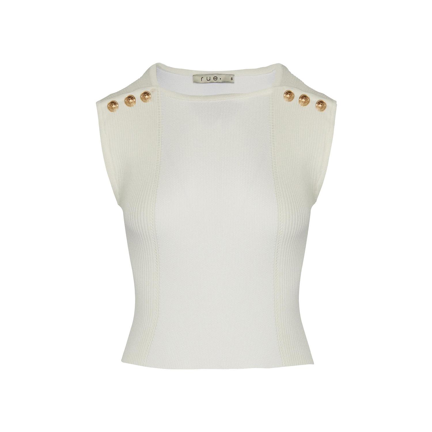 Women’s White Sleeveless Gold Button Detailed Ecru Knit Blouse Extra Small Rue Les Createurs