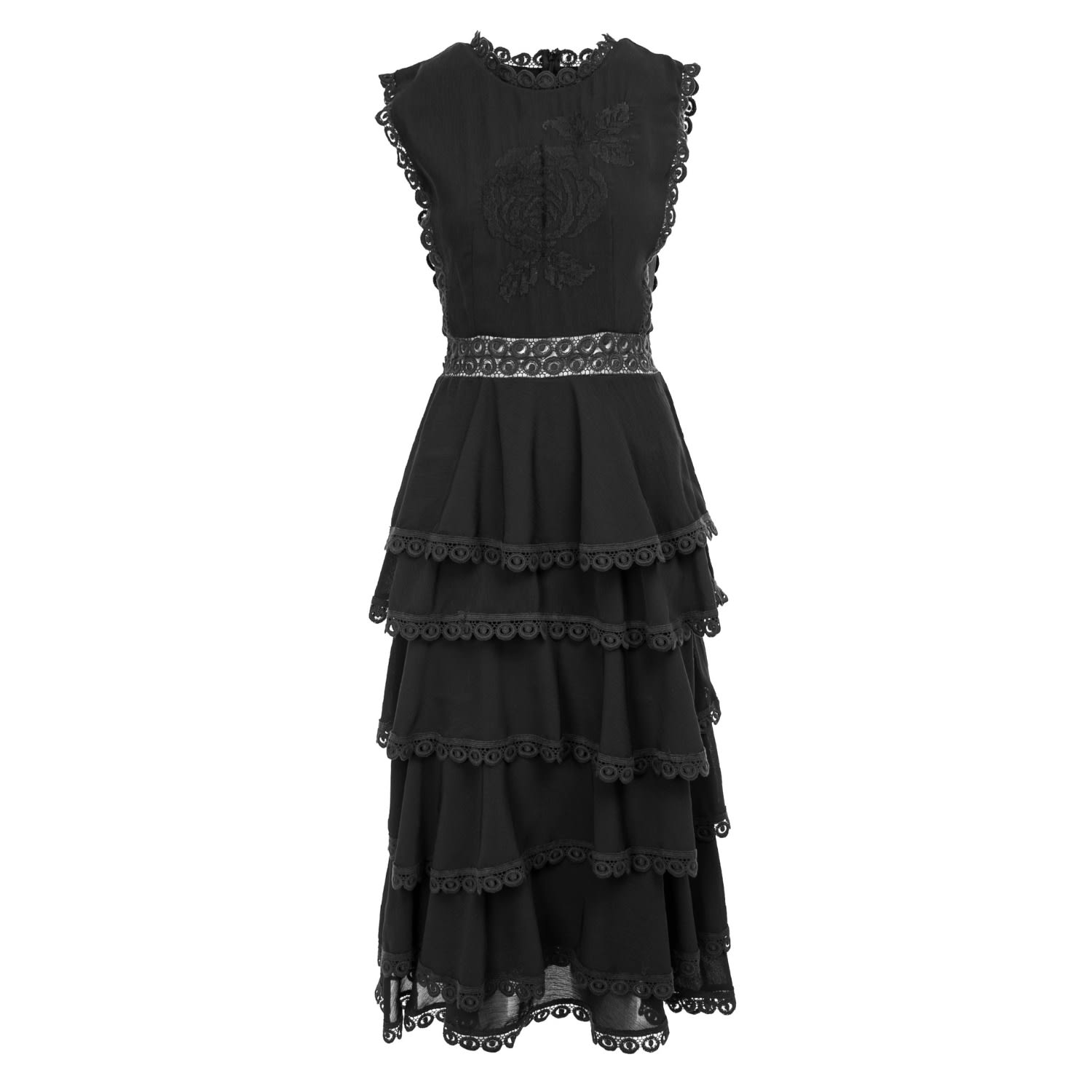 Women’s Long Black Dress With Ruffles And Lace Appliqué Large Izabela Mandoiu