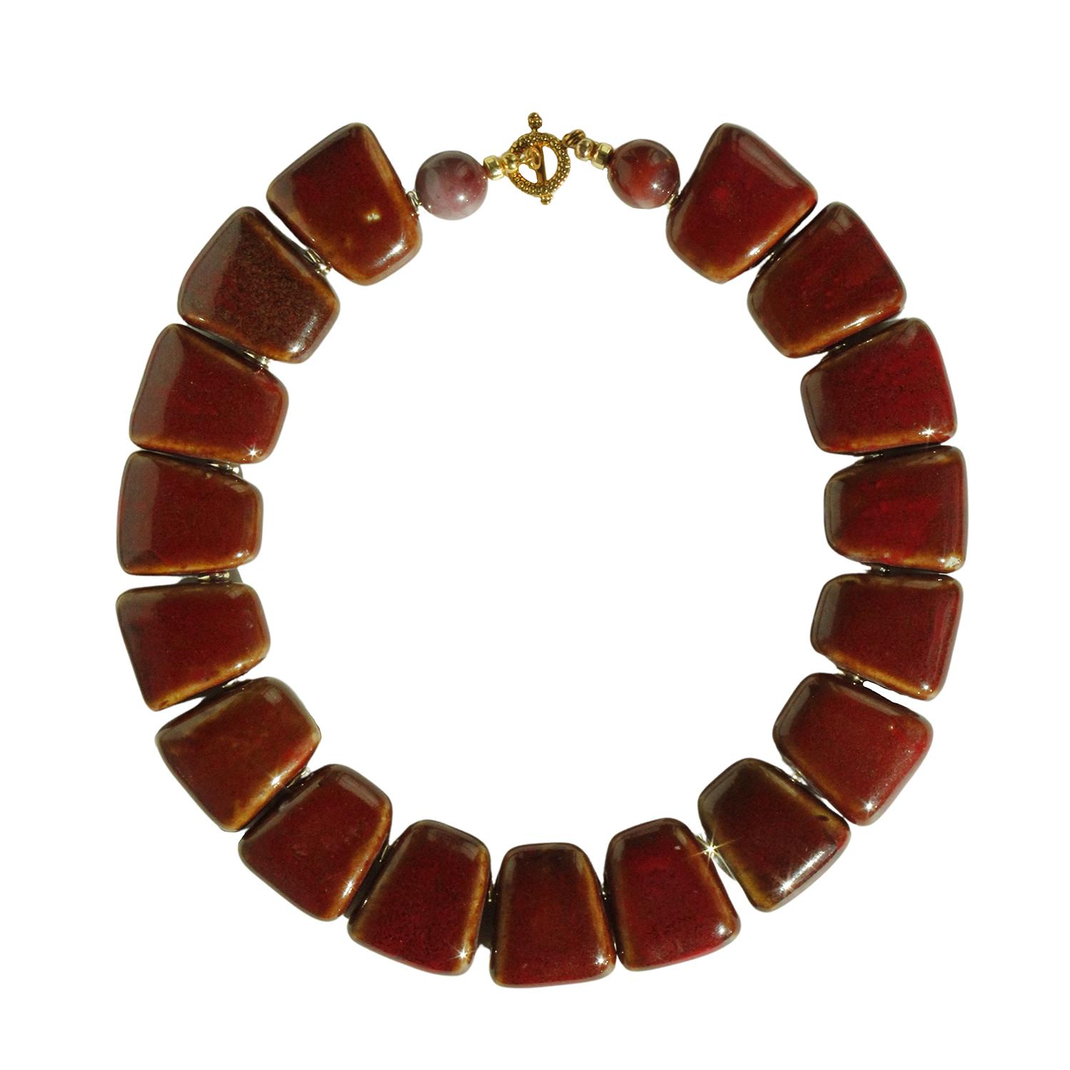 Edgar Navarro Jewelry Women's Brown / Red Navarro Trapezoid Ceramic Statement Necklace With Jasper Stones & Gold-plated De In Burgundy