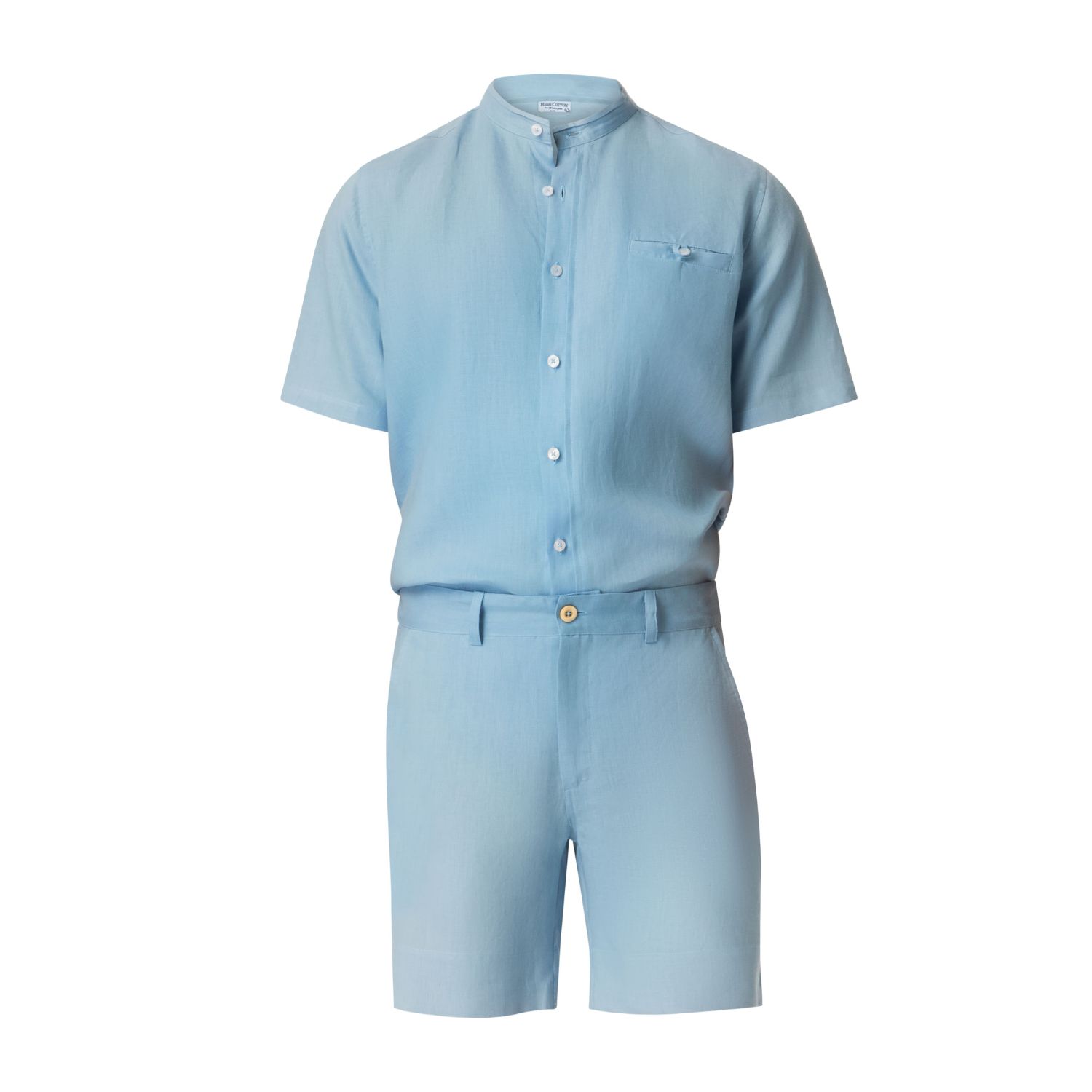 Haris Cotton Men's Blue Slim Fit Short Sleeved Linen Shirt With Mandarin Neck Ciel In Blue
