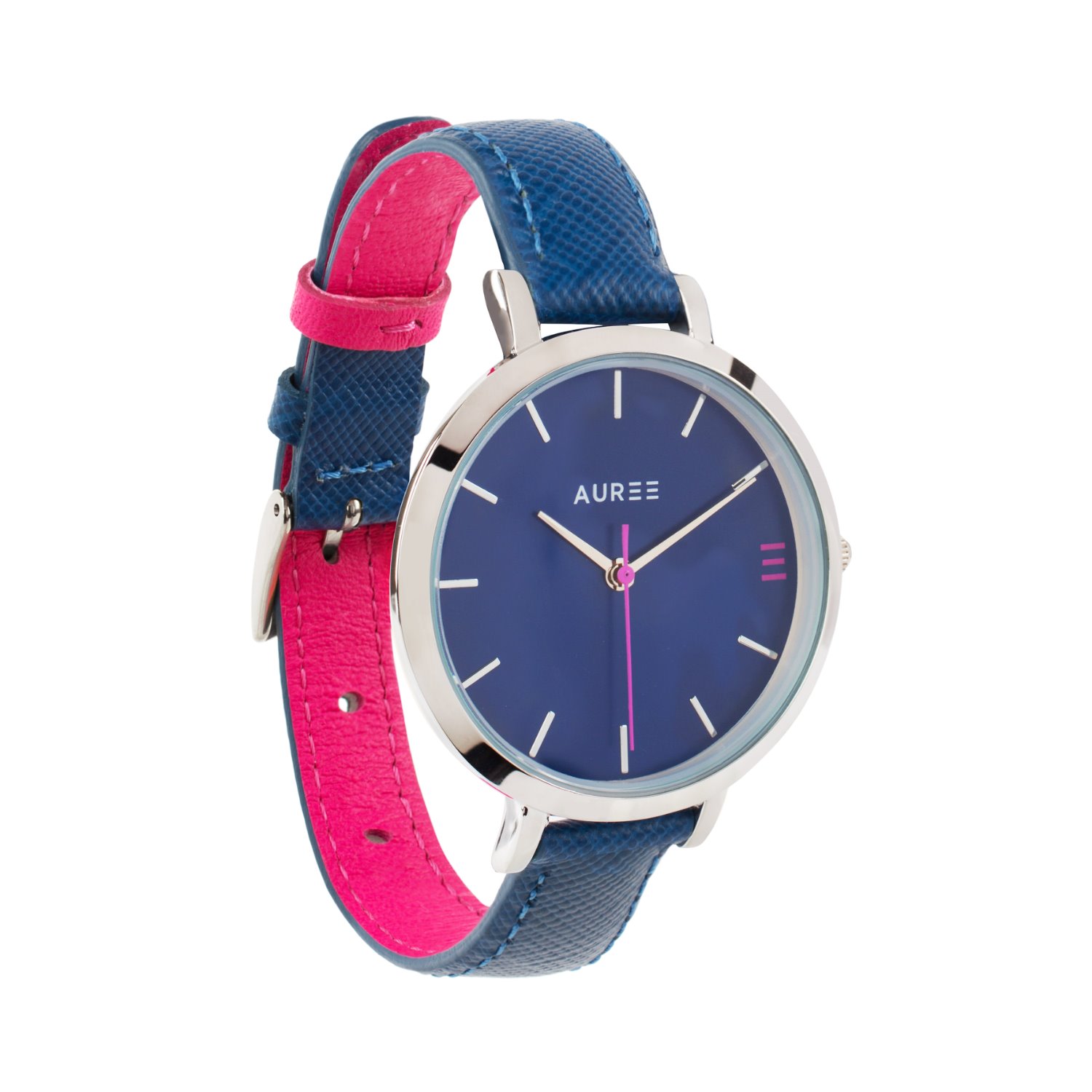 Women’s Silver / Pink / Purple Montmartre Silver Watch With Royal Blue & Hot Pink Leather Strap Auree Jewellery