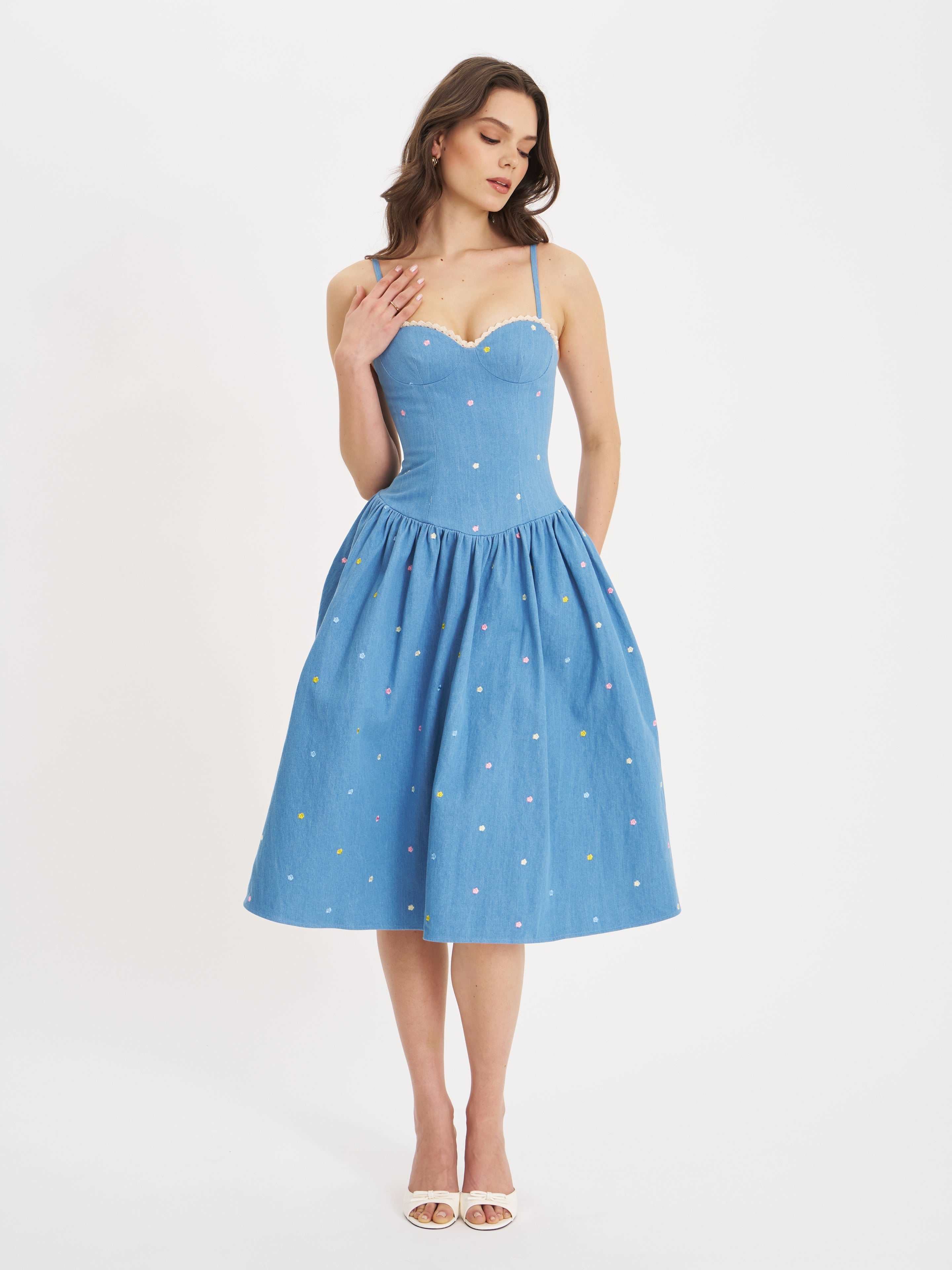 Zadie Cotton Denim Drop Waist Embroidery Flower Midi Dress | Miss