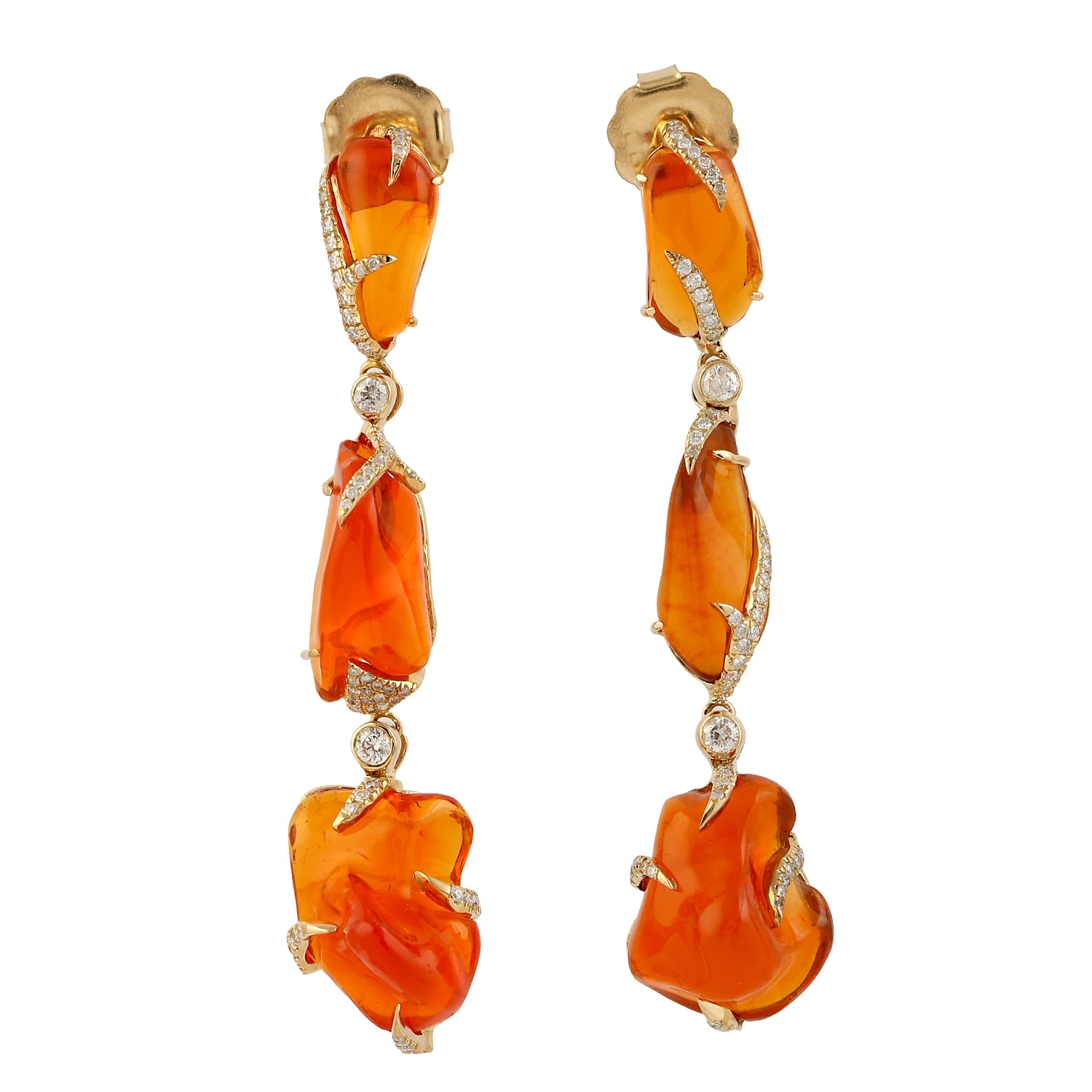 Artisan Women's Gold Unshaped Dangle Earrings With Natural Fire Opal & Pave Diamonds By  In Gold