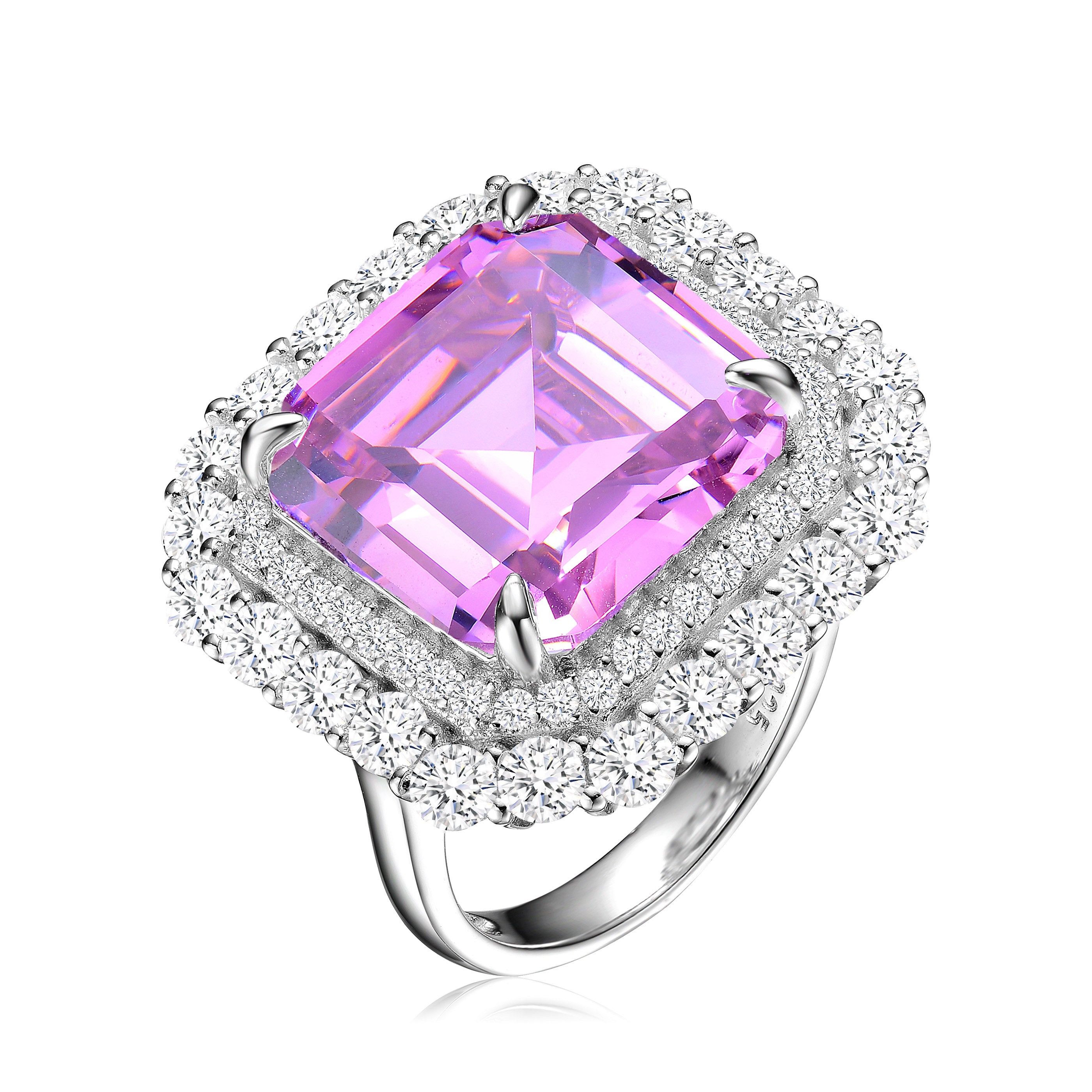 Women’s Pink / Purple Sterling Silver Rhodium Plated Pink Asscher Cubic Zirconia With Clear Round Cubic Zirconias Double Halo Cocktail Ring Genevive Jewelry