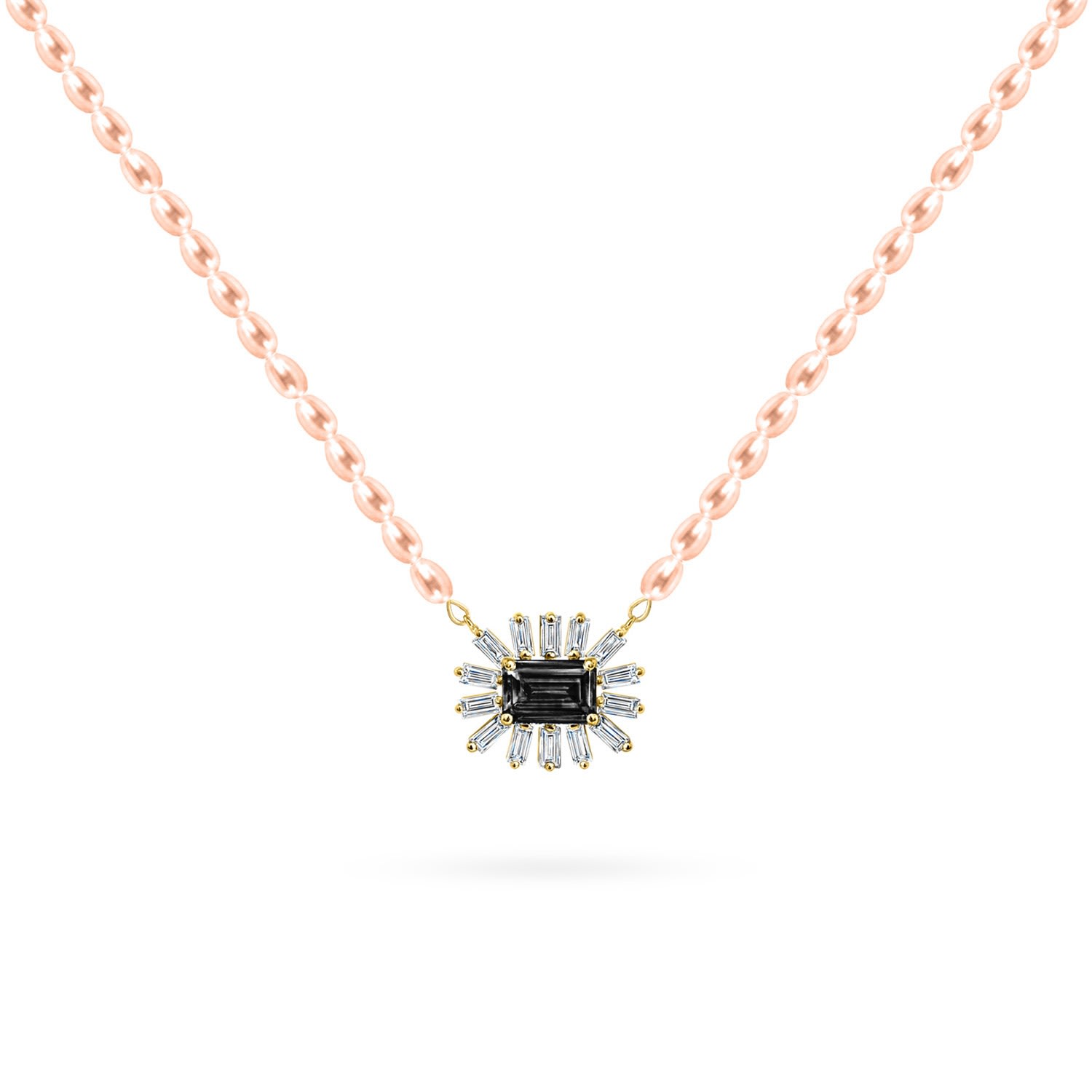 Women’s Necklace Cleopatra Baguette Rose Pearls On 18K Yellow Gold Diamonds And Precious Stones Onyx Aquae Jewels