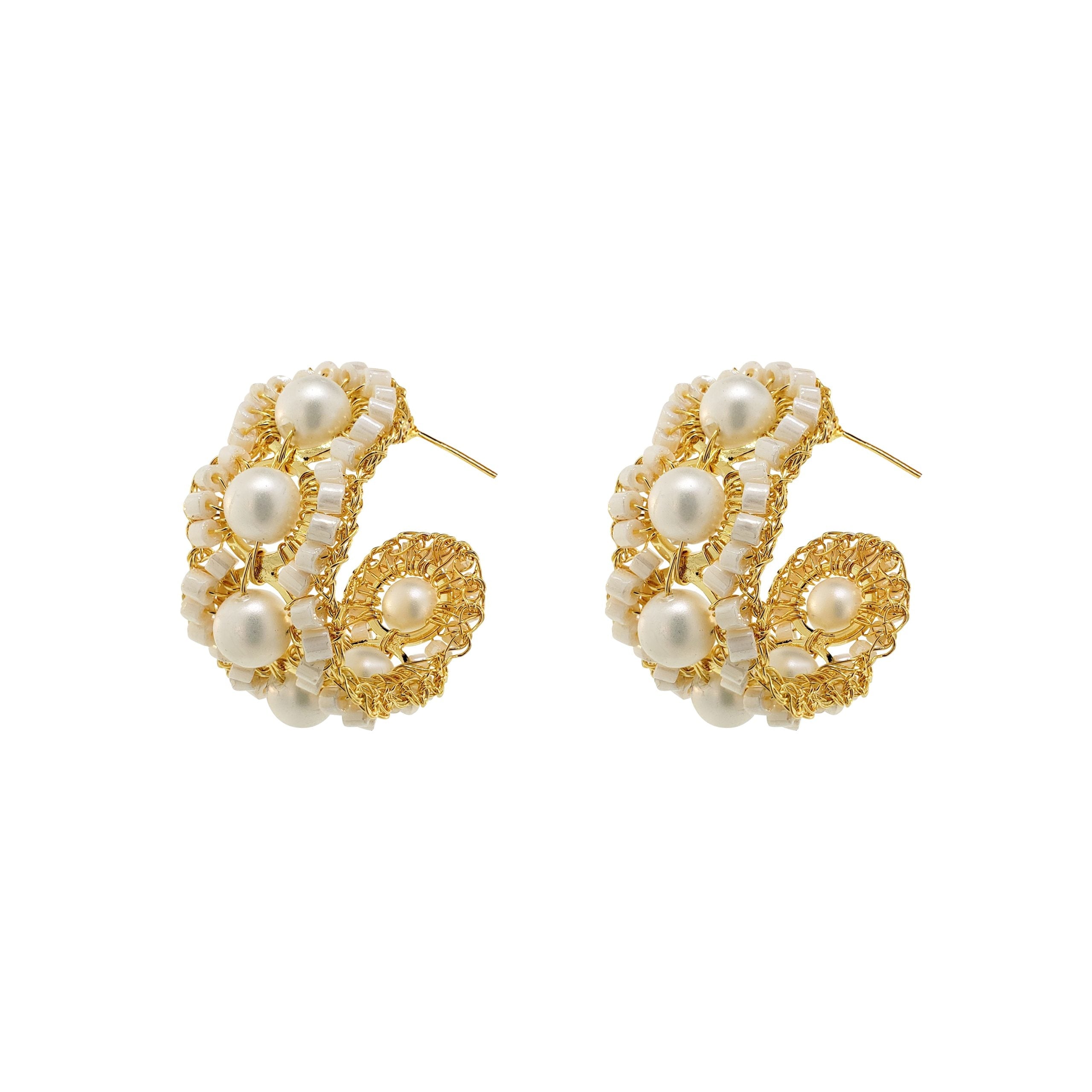 Lavish By Tricia Milaneze Women's Gold / White Pearl & Gold Mix Olympia Hoops Handmade Crochet Earrings