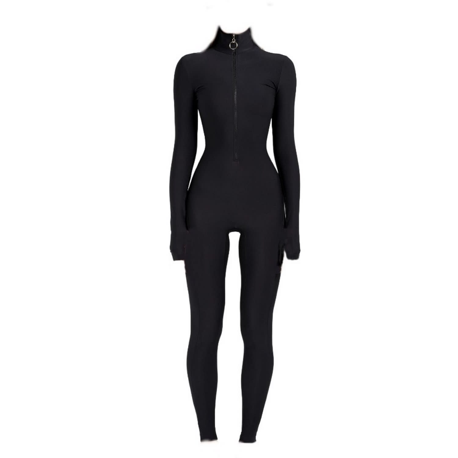 Black Long Sleeve Turtleneck Zip Up Full Bodysuit Total Zipper