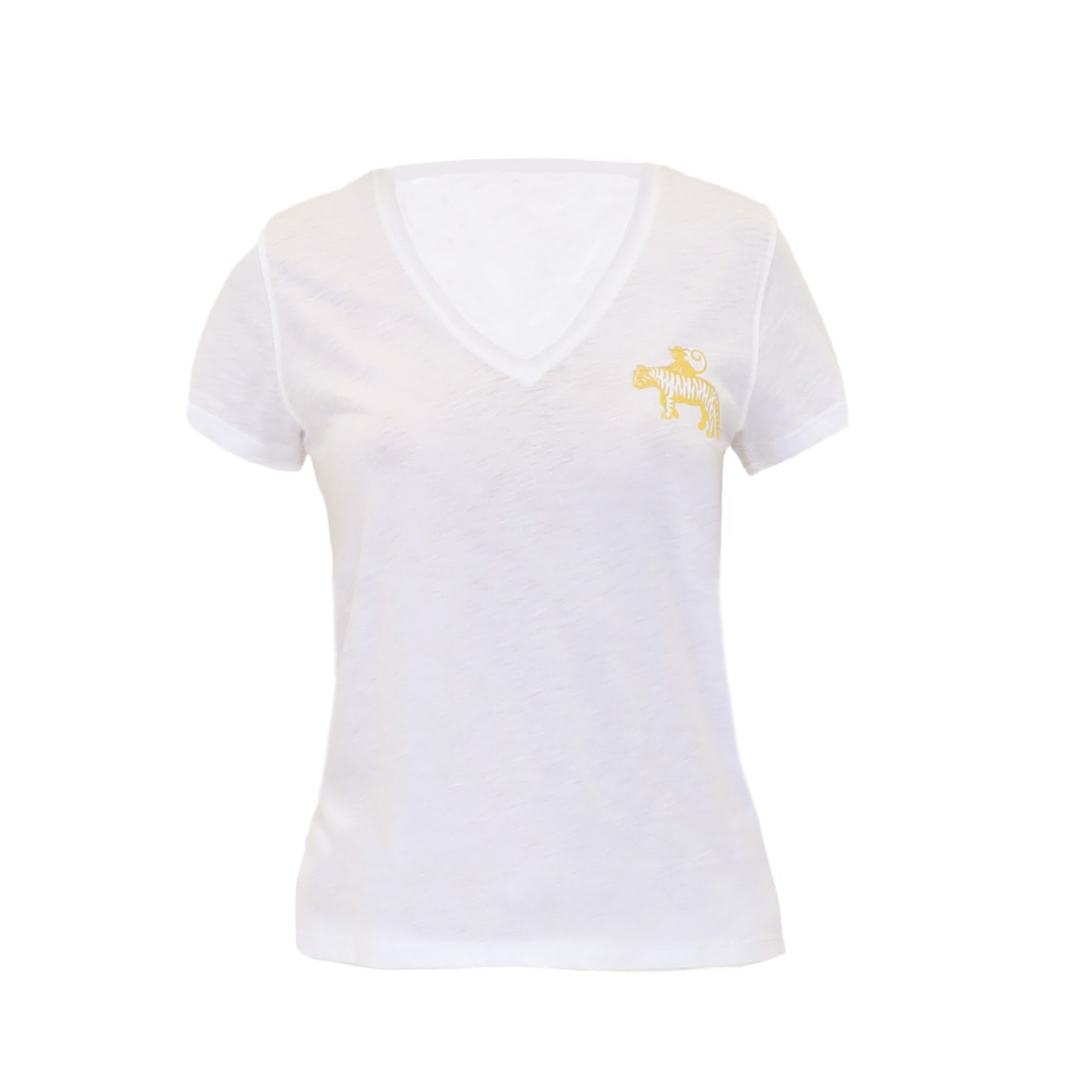 Tiger And The Monkey Women's White / Yellow / Orange  Signature Yellow Logo Cotton Slub V Neck Tee Sh