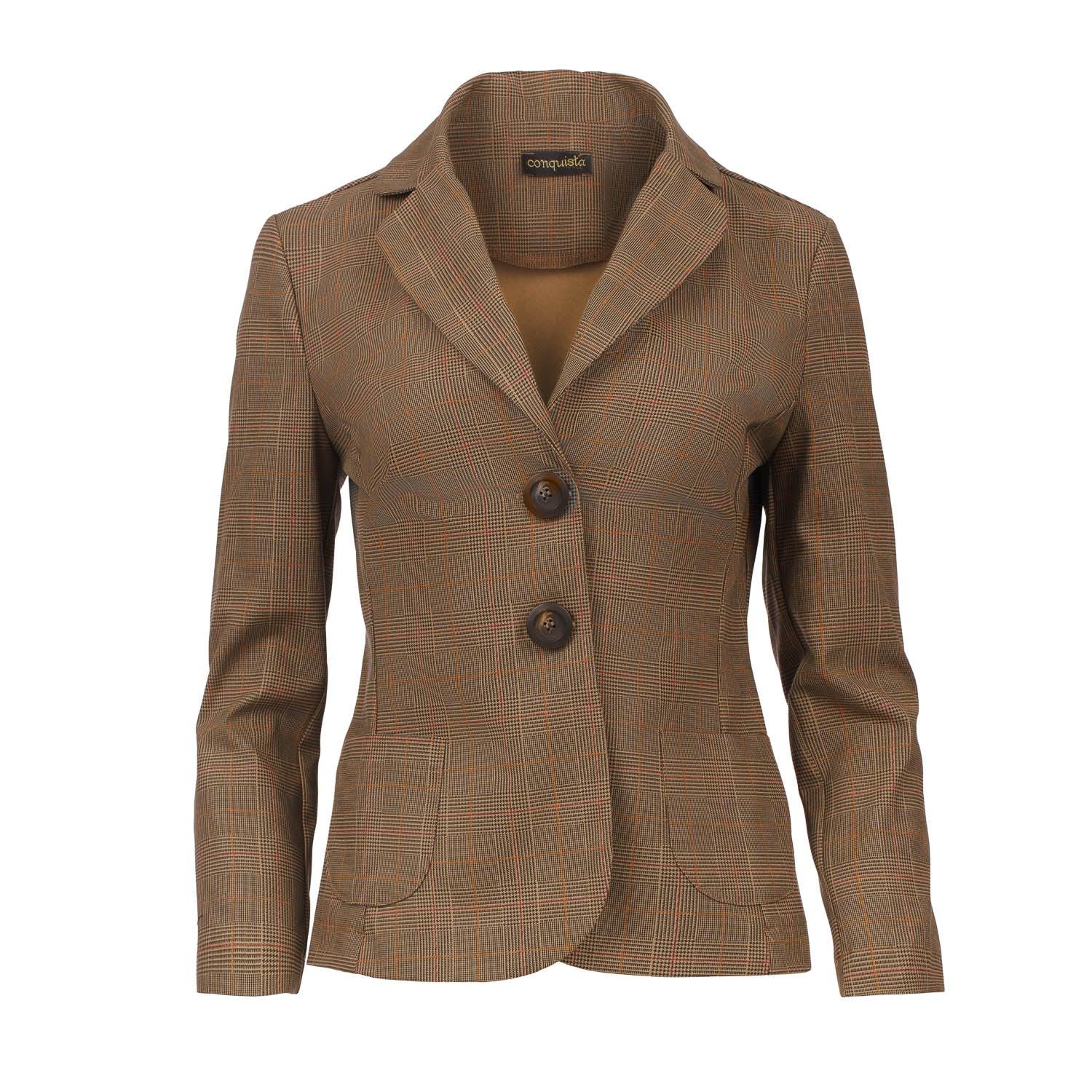 Conquista Women's Brown 100% Cotton Checked Fitted Blazer