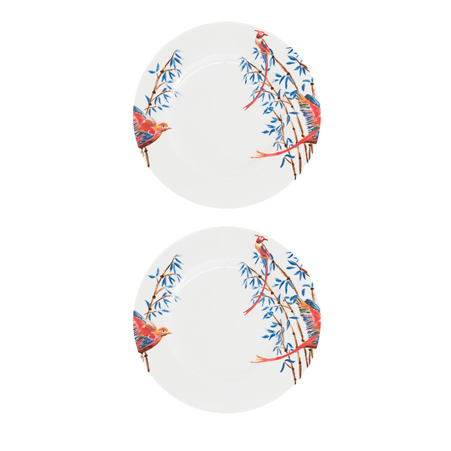 White Dinner Plates Bamboo & Singing Birds Set Of Two Catchii