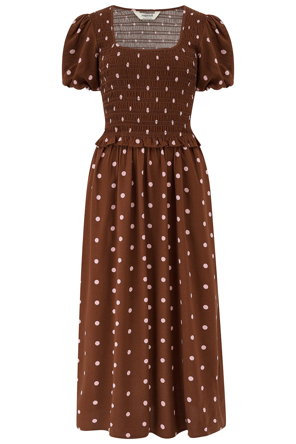 Sugarhill Brighton Women's Lyra Shirred Midi Dress Brown, Pink Polka