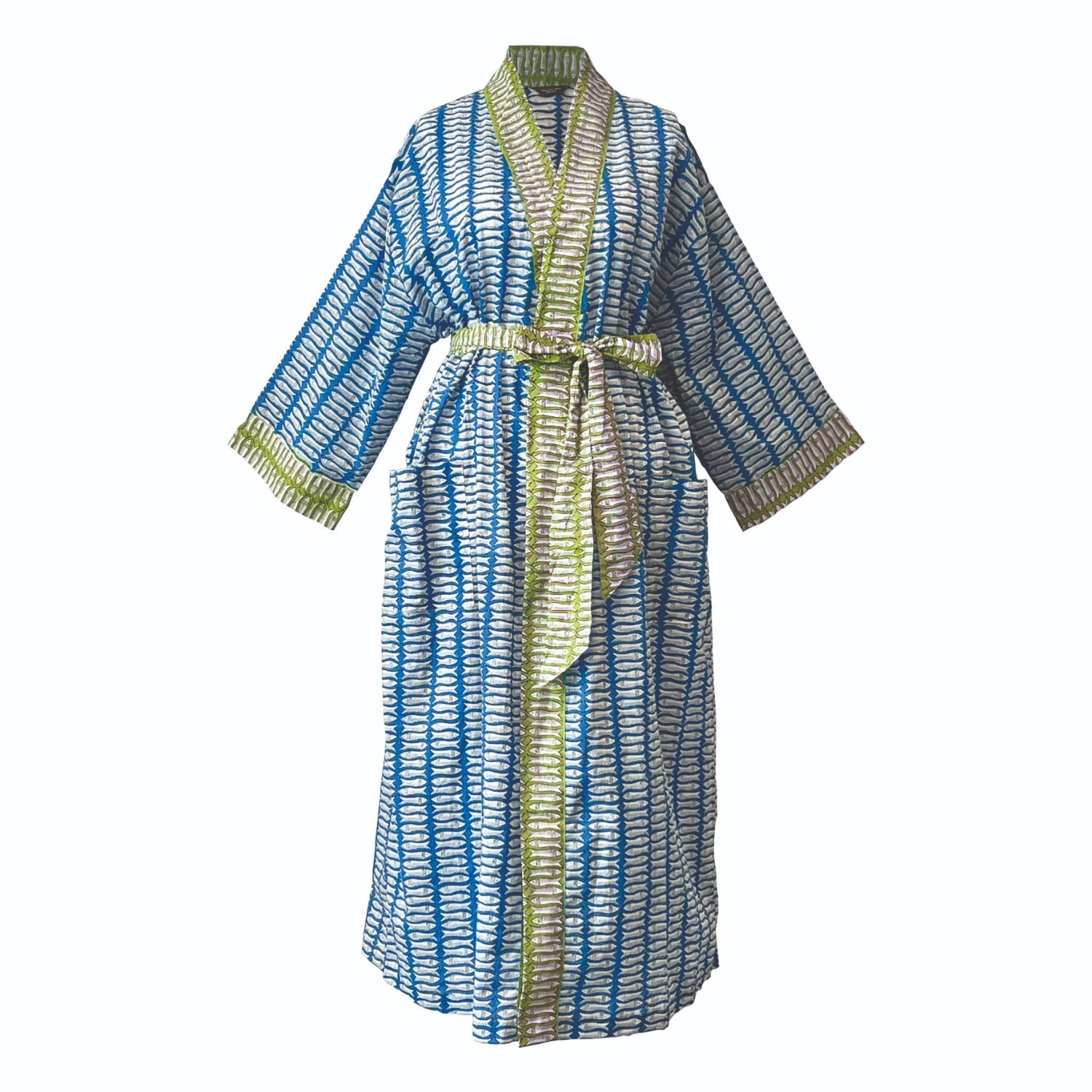 Women's Full Length Cotton Kimono Beach Cover Up - Blue & Mustard Fish | One Size | Lime Tree Design