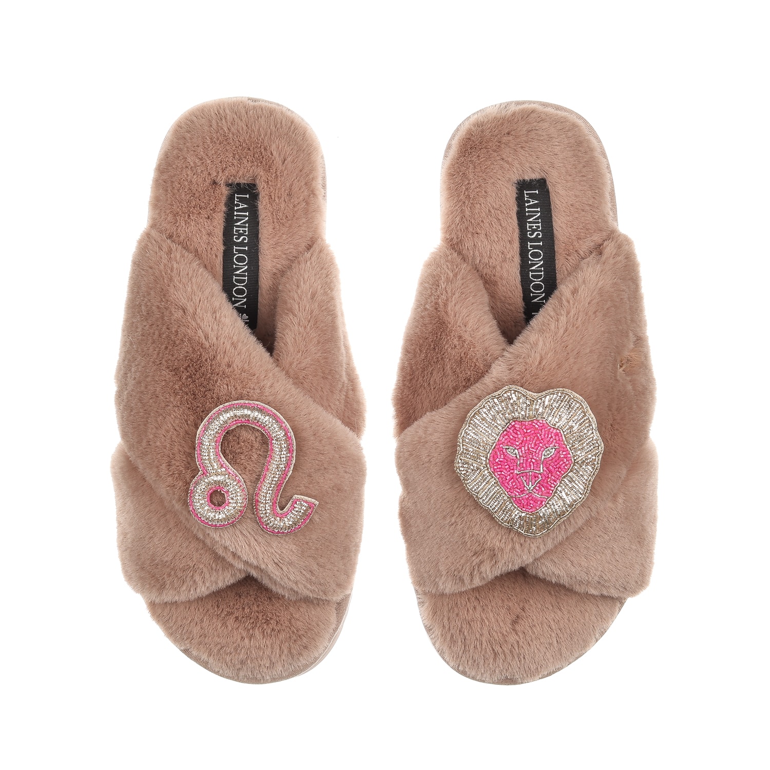 Women’s Brown Classic Laines Slippers With Leo Star Sign Brooches - Toffee Large Laines London