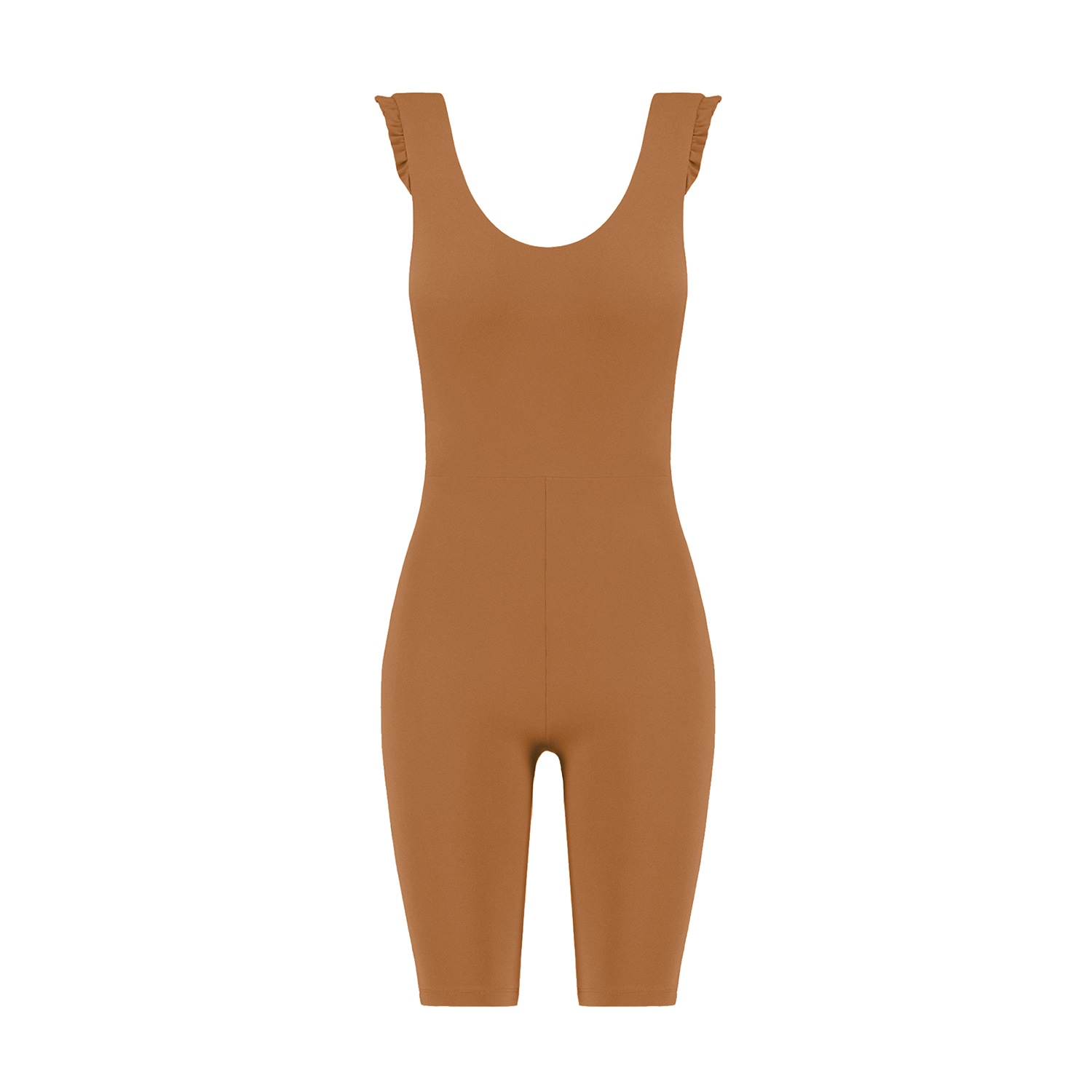 Yes Flâneuse Women's Neutrals Carla Biker Length Jumpsuit With Shoulder Ruffles Sugar Almond In Yellow