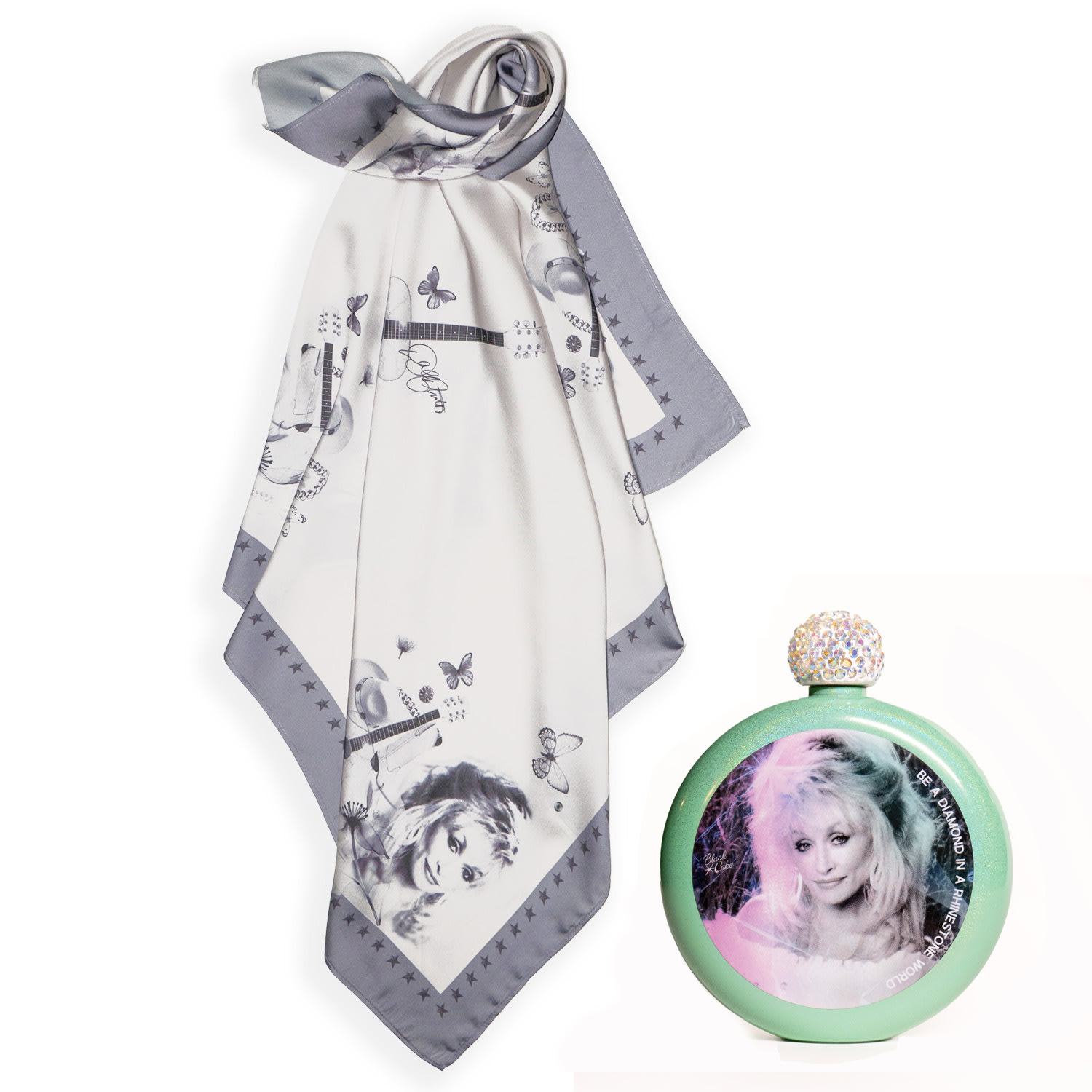 Green Limited Edition Festival Dolly Parton Tribute Glitter Mint Spirit Flask And Dolly Love Butterflies Bandana Scarf Black Cake