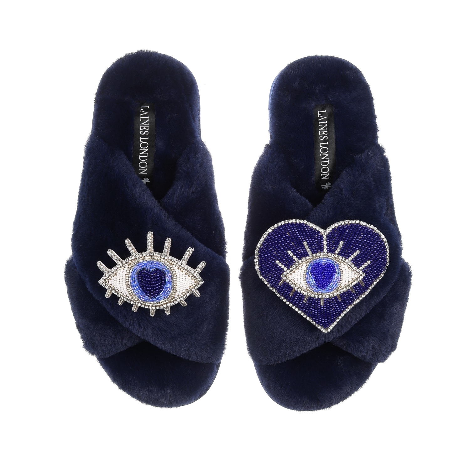 Laines London Women's Classic Laines Slippers With Blue & Silver Double Eye Brooches - Navy