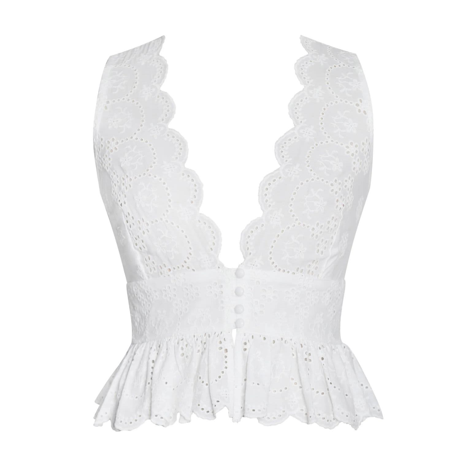 Raia White Eyelet Wave Trim Crop Vest Top | Miss Circle New