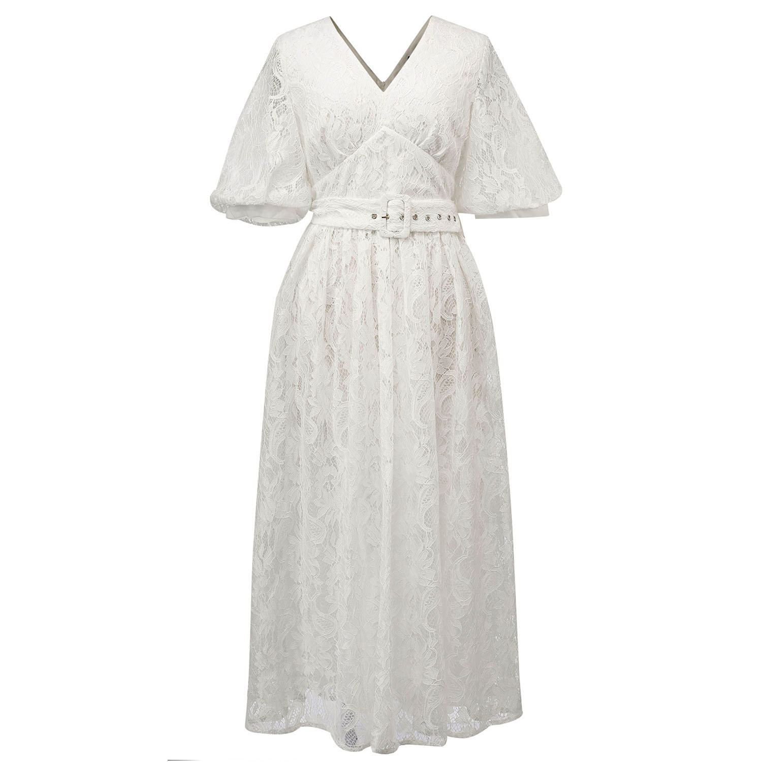 Smart And Joy Women's All-lace Puffy Sleeves Dress With Belt - White In White
