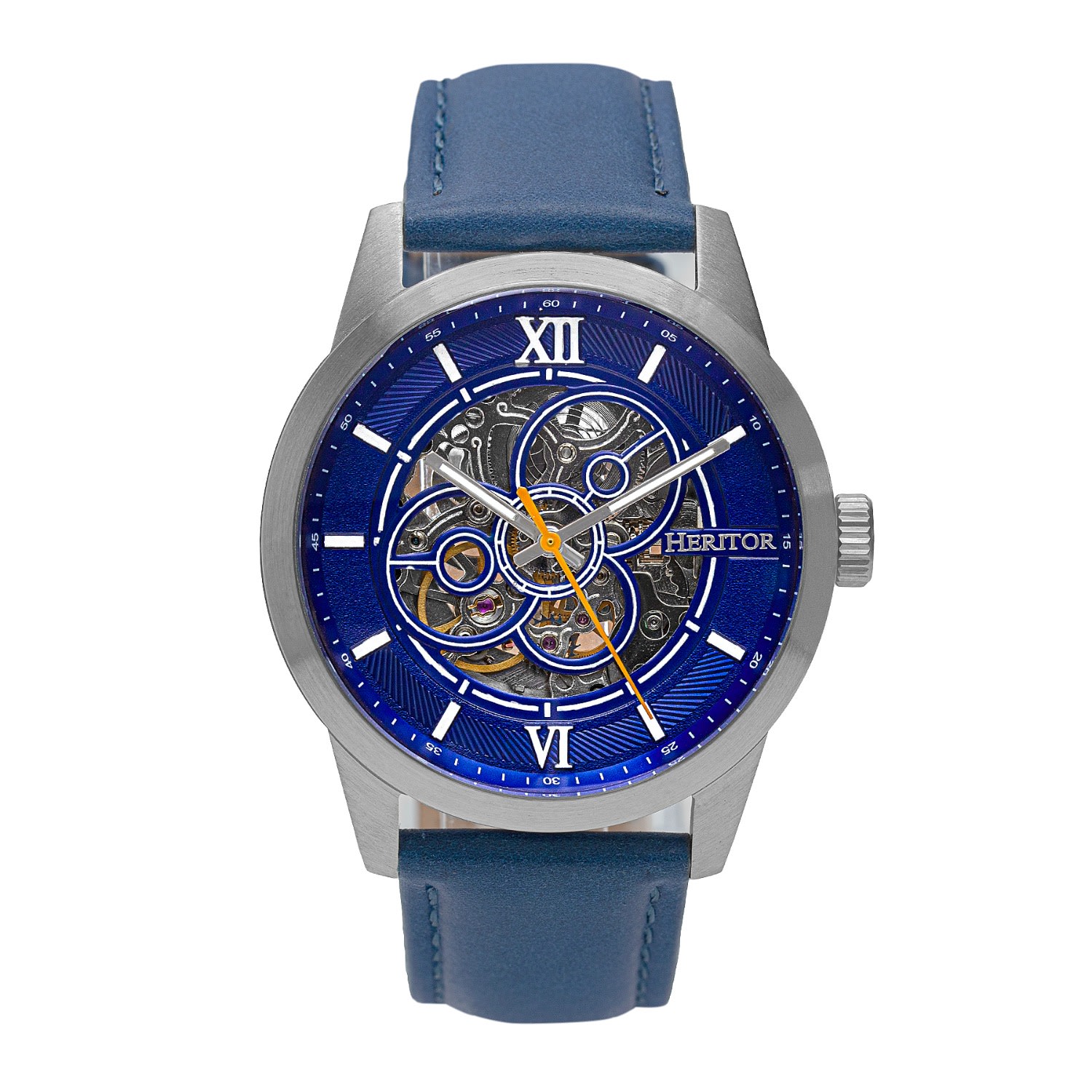 Men’s Silver / Blue Jonas Leather-Band Skeleton Watch - Blue, Silver Heritor Automatic