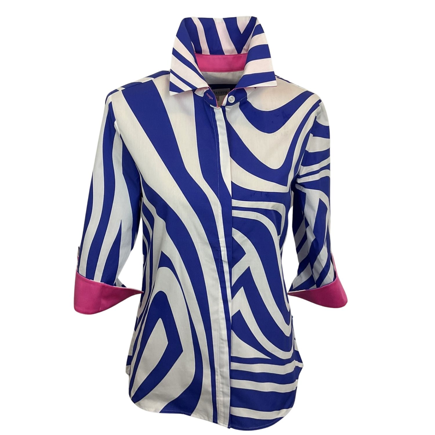 Perlavera Women's Blue / Pink / Purple Cindy Giant Zebra Cobalt Printed Three Quarter Sleeve Regular Slim Shir In Blue