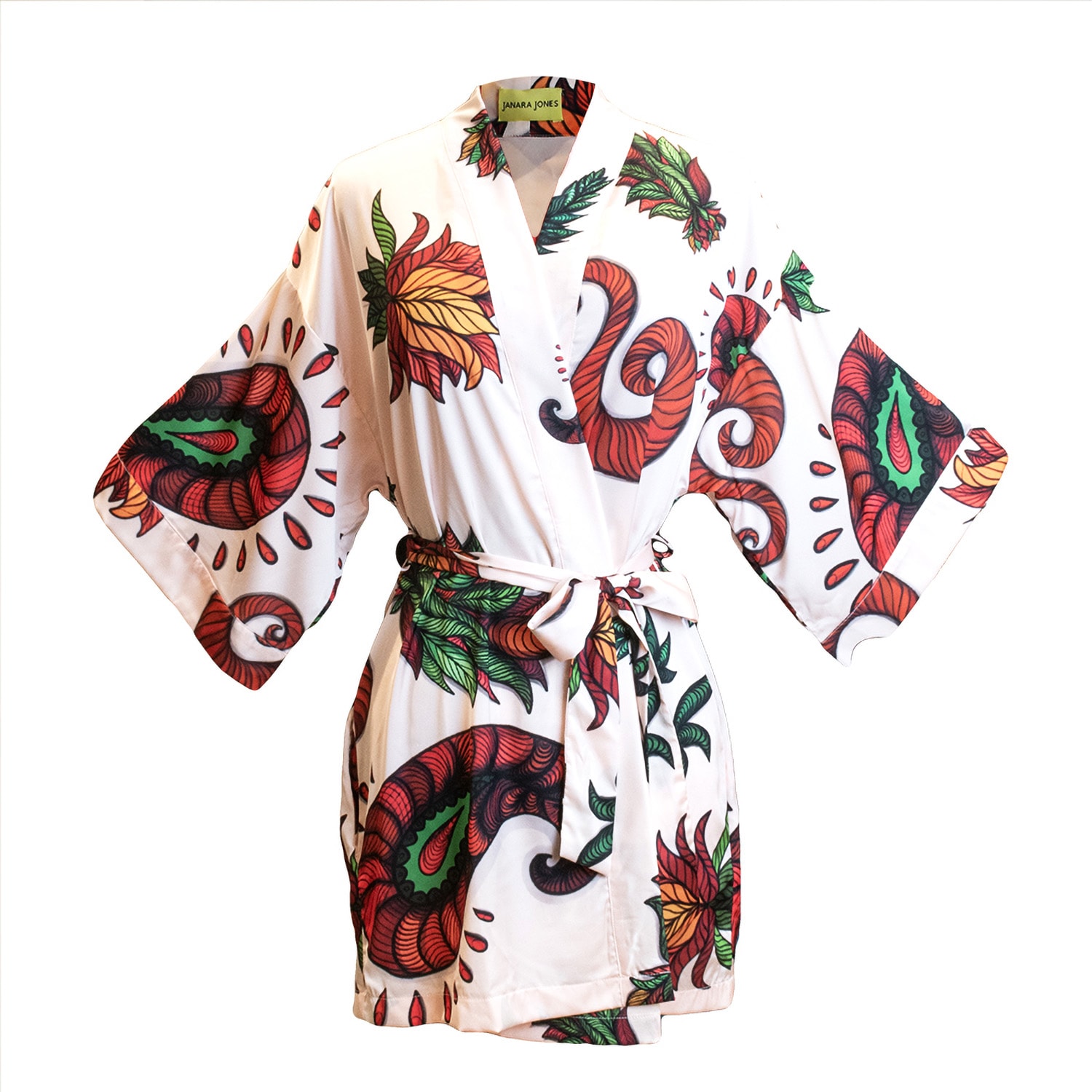 Women’s Neutrals / White Paisley Print Satin Long Sleeve Short Robe One Size Janara Jones