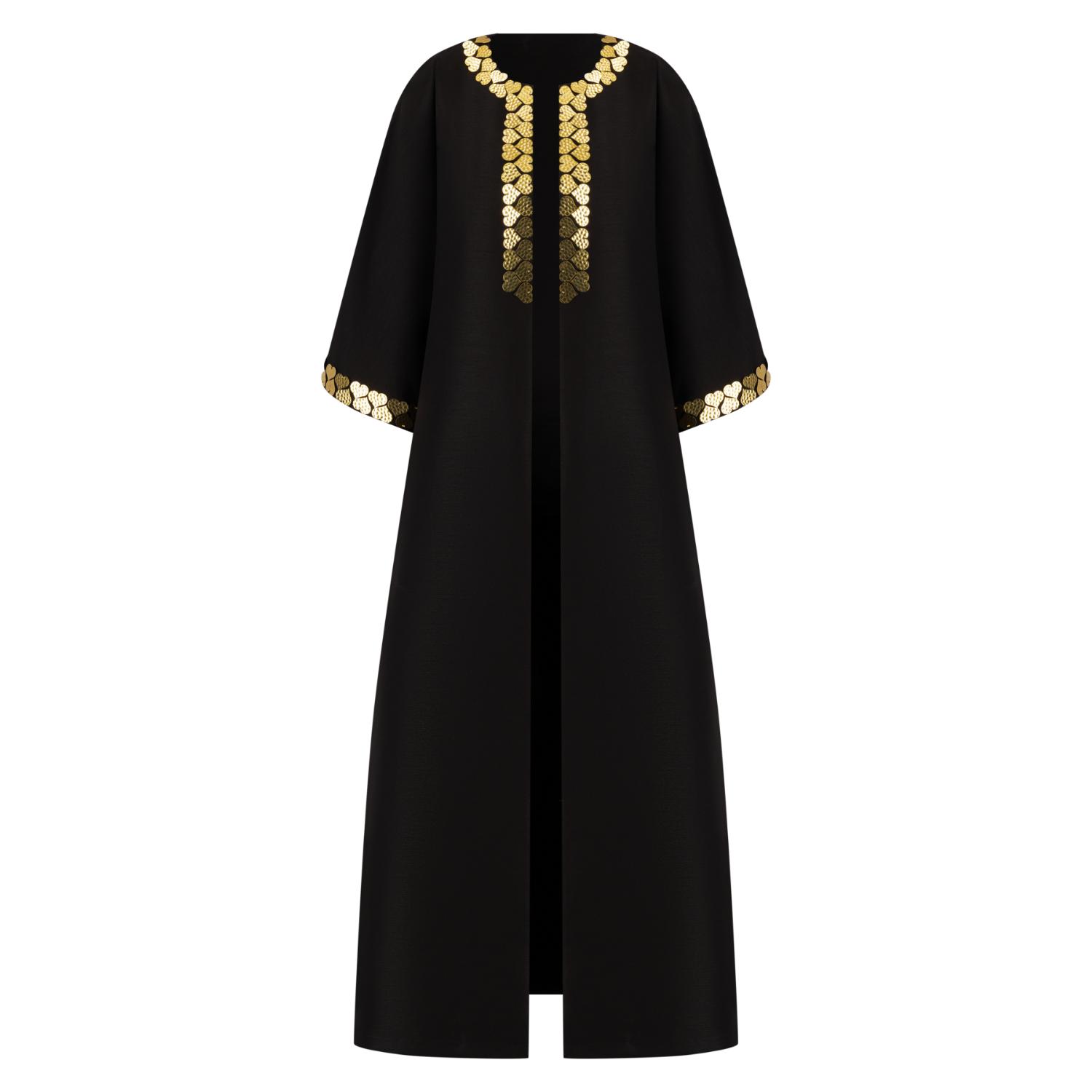 Azzalia Women's Black Two Piece Ensemble Bisht With Dress In Mikado Fabric Embellished With Metal Heart Moti In Black