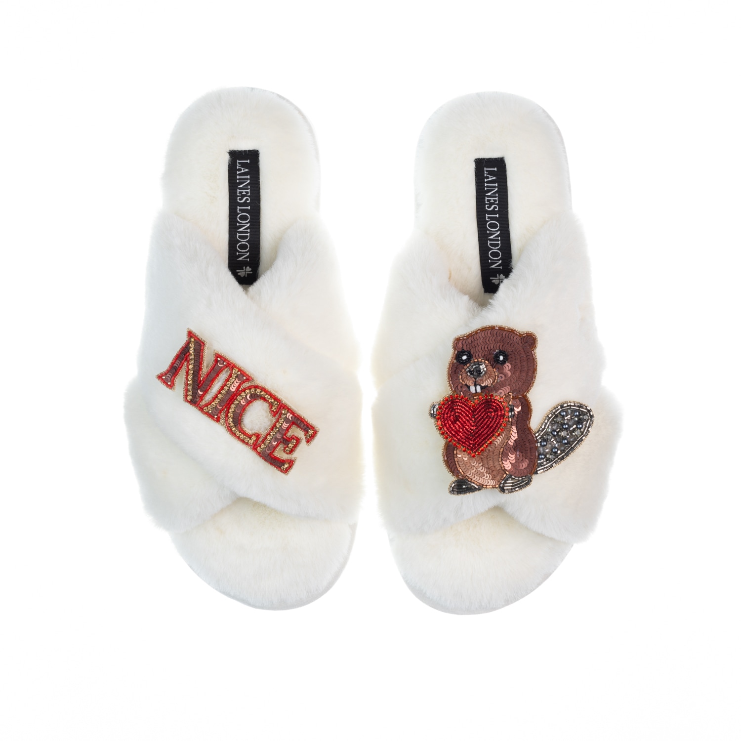 Laines London Women's White Classic Laines Slippers With Nice Beaver Brooches - Cream