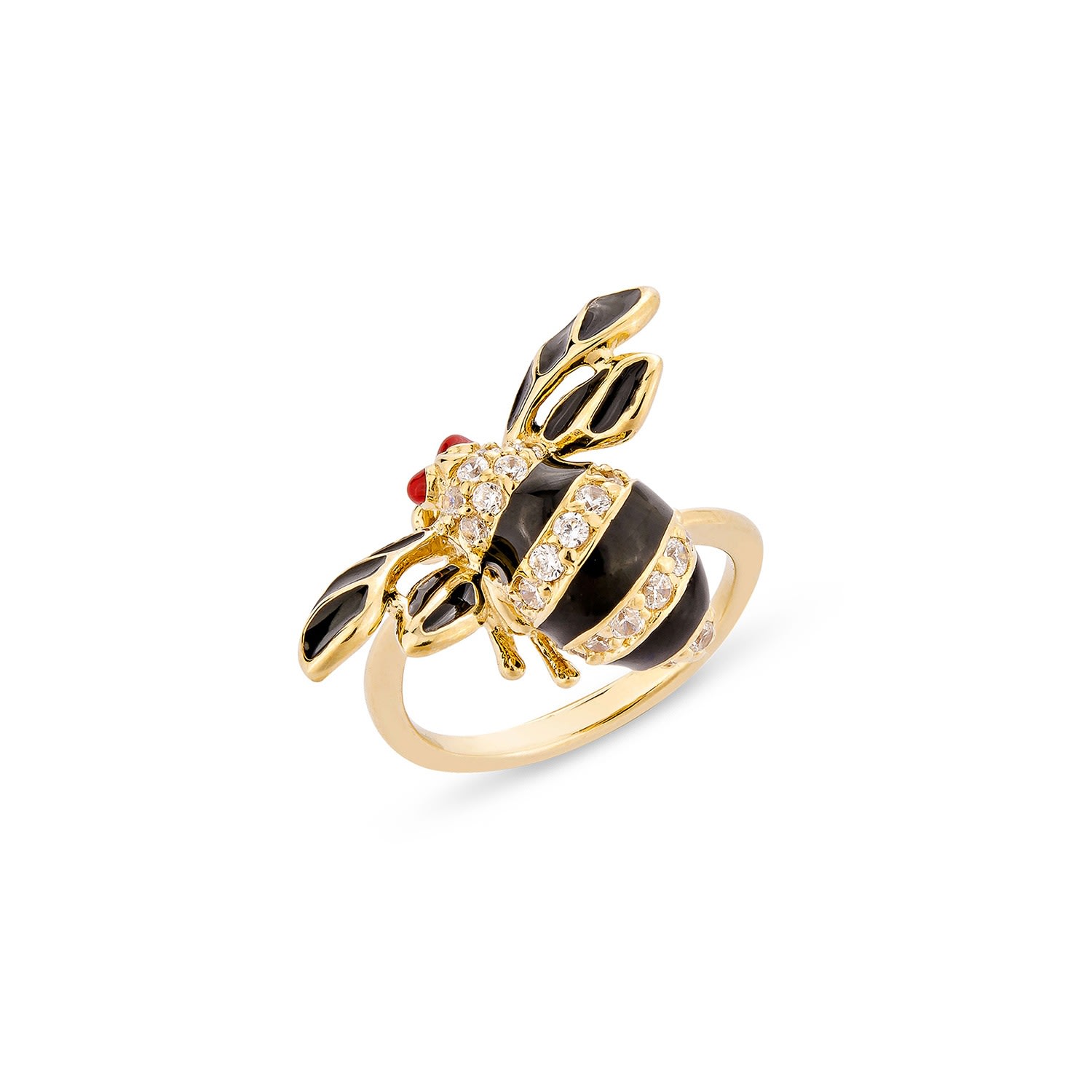 Women’s Black / White / Gold Queen Bee Midi Ring With Man Made White Diamonds & Black Enamel In Gold Sally Skoufis