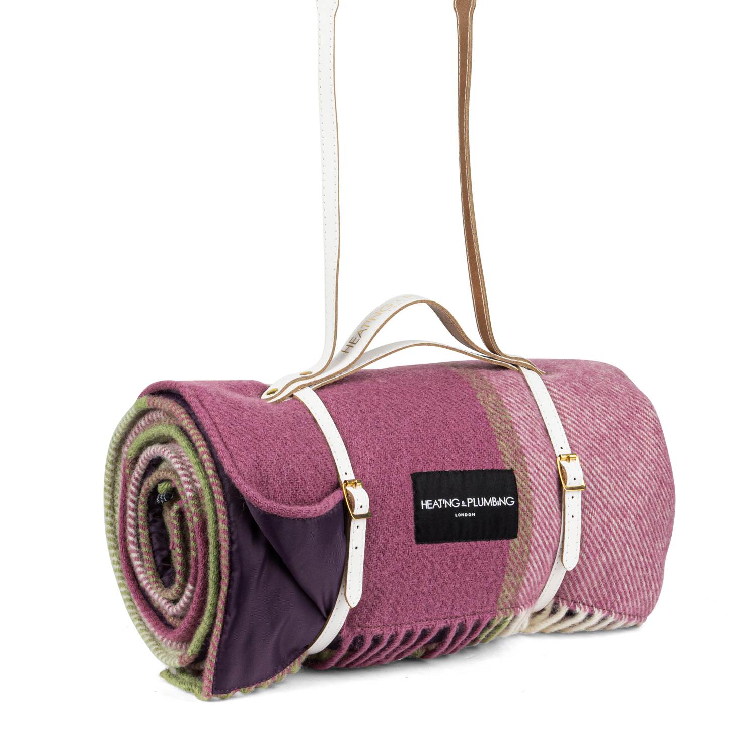 Heating & Plumbing London Pink / Purple Pink Checks Pure New Wool Picnic Blanket With Long White Strap