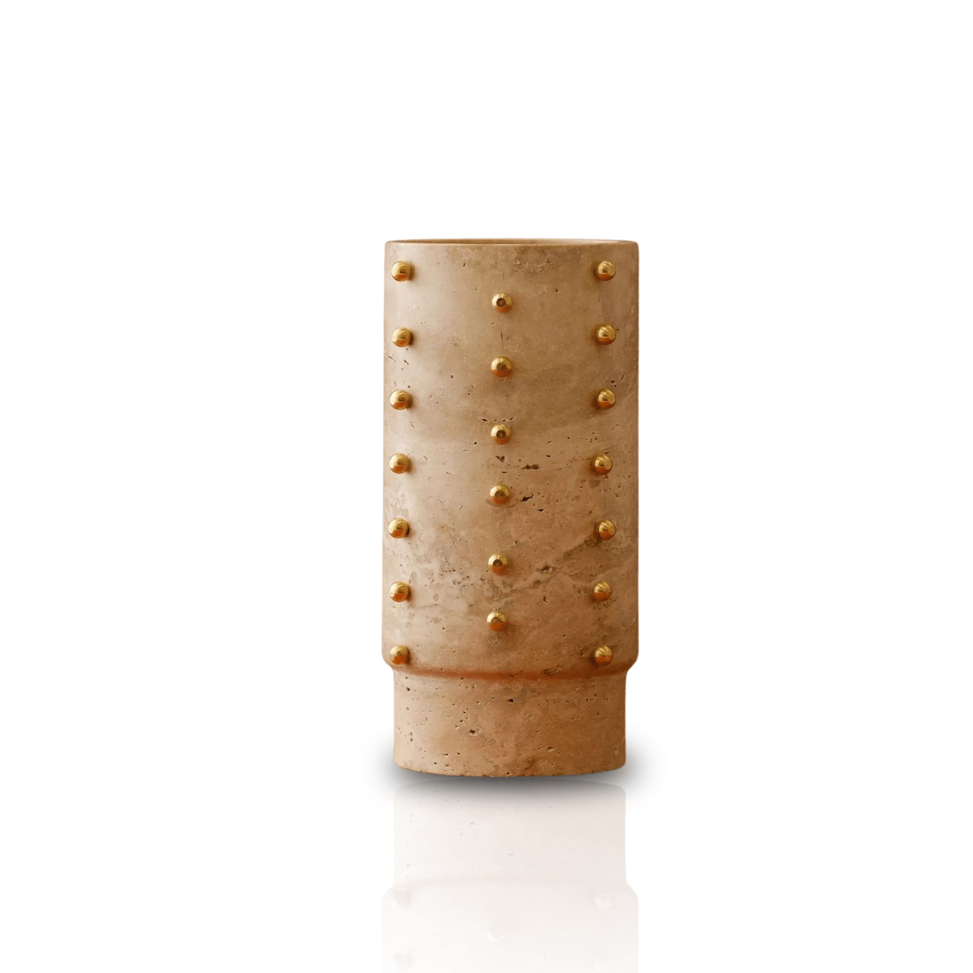 Marleth Neutrals Stud Travertine Vase With Brass Detailing, Beige Stone