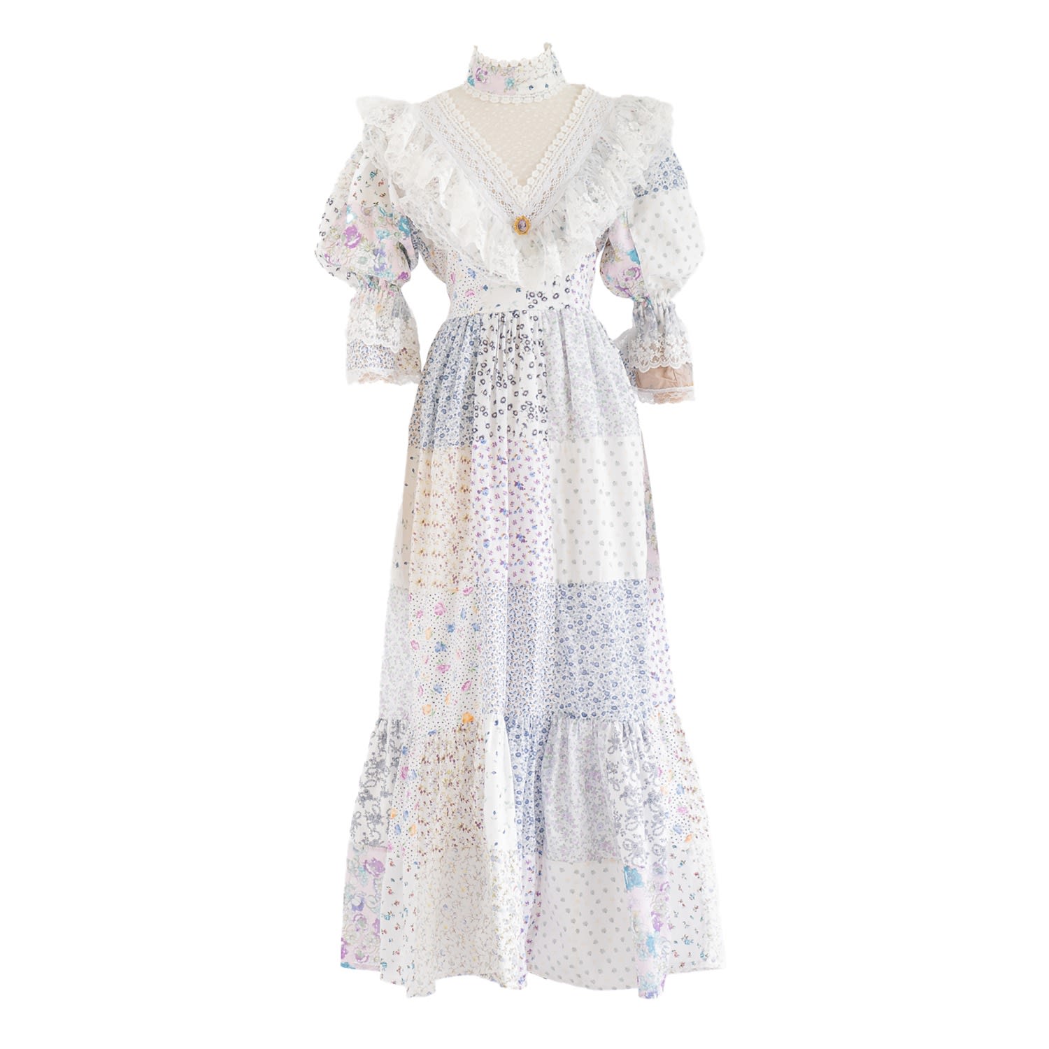 Sugar Cream Vintage Women's Re-design Upcycled V-neck Patch Pattern White Maxi Dress In White
