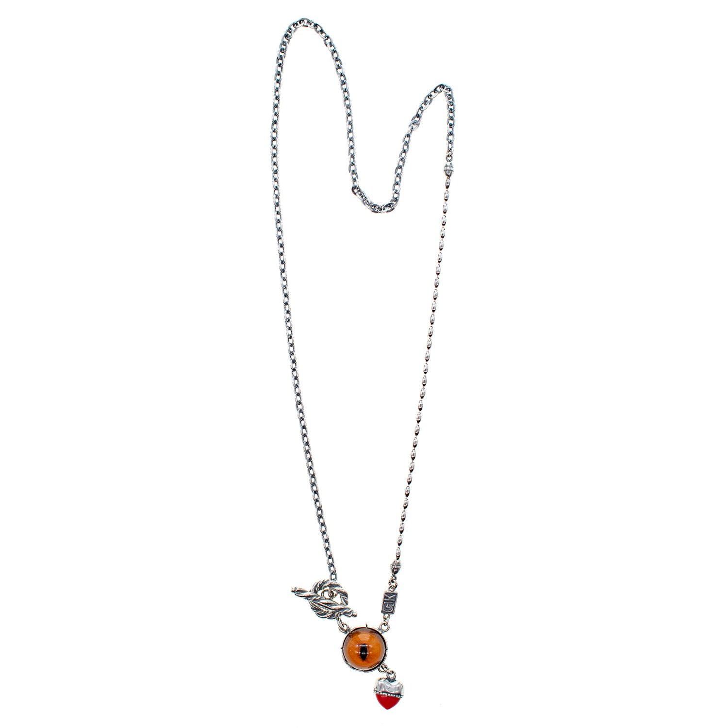 Gem Kingdom Women's Orange / Red Eye Love You Amber Eye & Red Heart Necklace In Multi