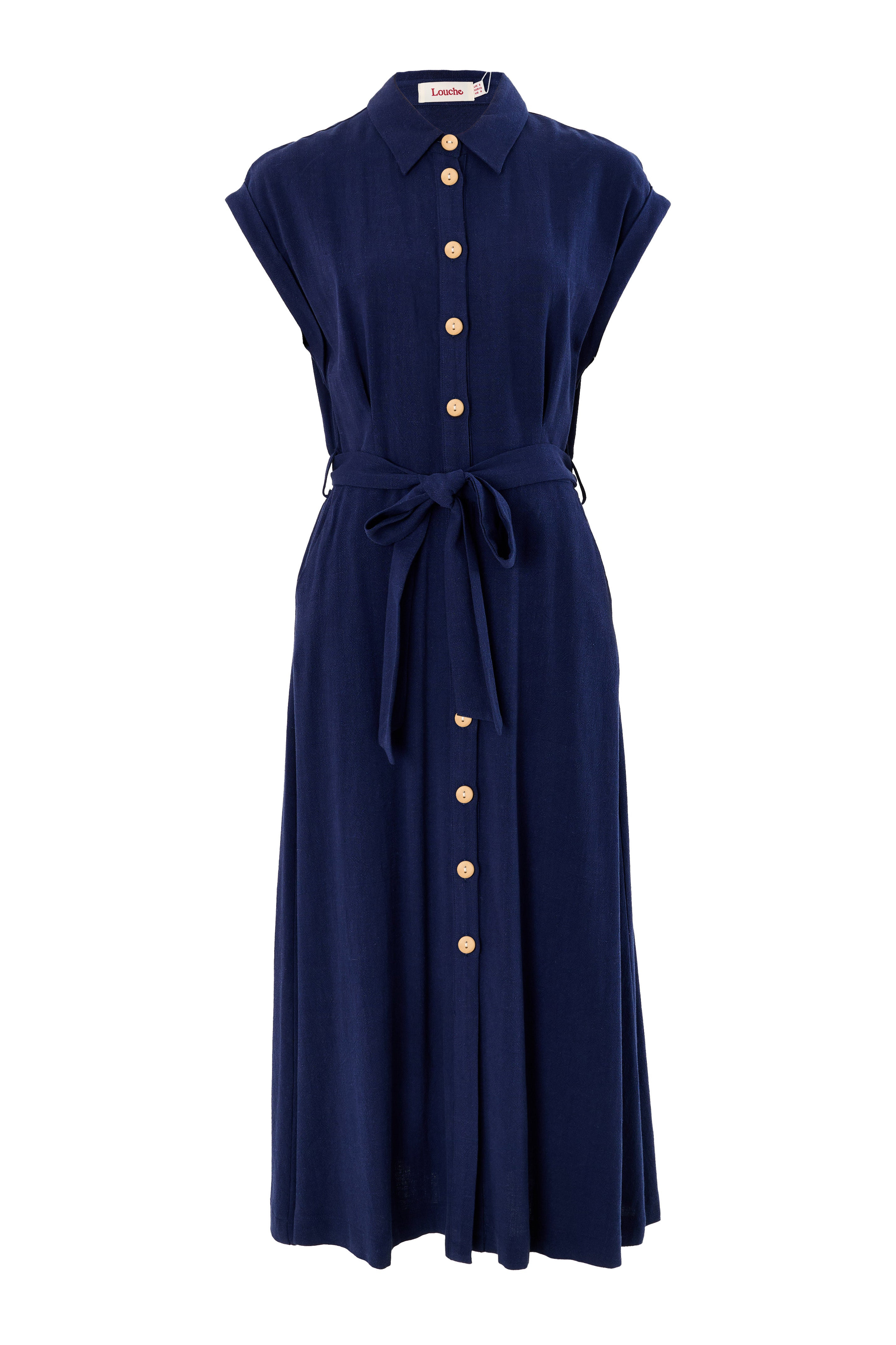 Louche Women's Blue Reese Linen Mix Button Through Midi Shirt Dress - Navy