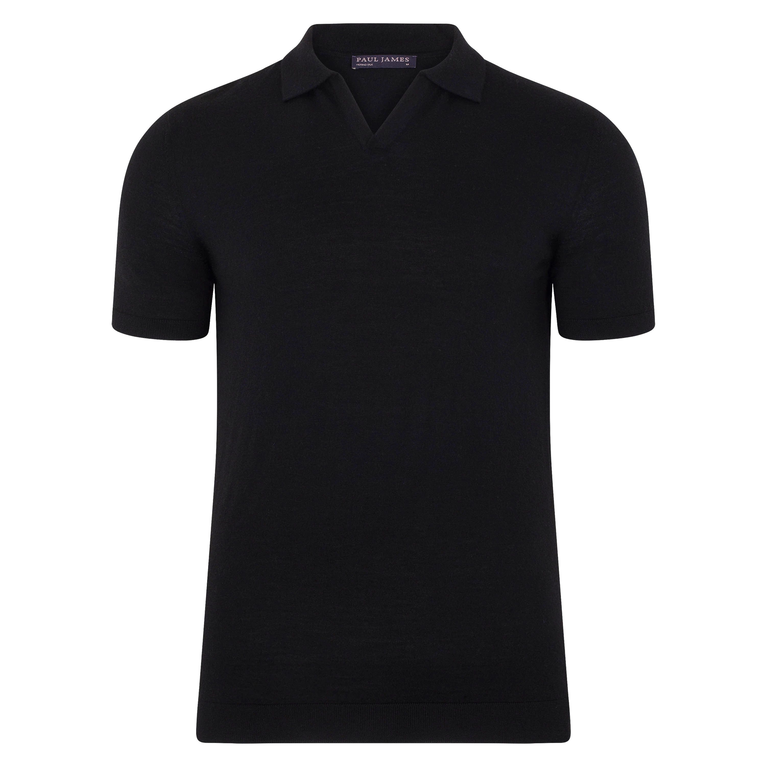 Mens Superfine Leonardo Merino Silk Buttonless Polo Shirt - Black Large Paul James Knitwear