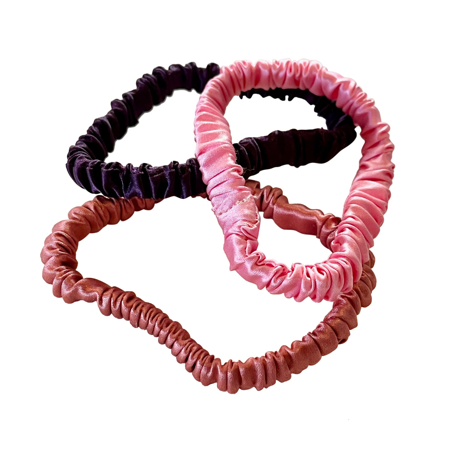Women's Purple Set Of Three Pure Mulberry Silk Skinny Scrunchies Weekly Special Hair Ties Pretty Petunia | One Size | Soft Strokes Silk