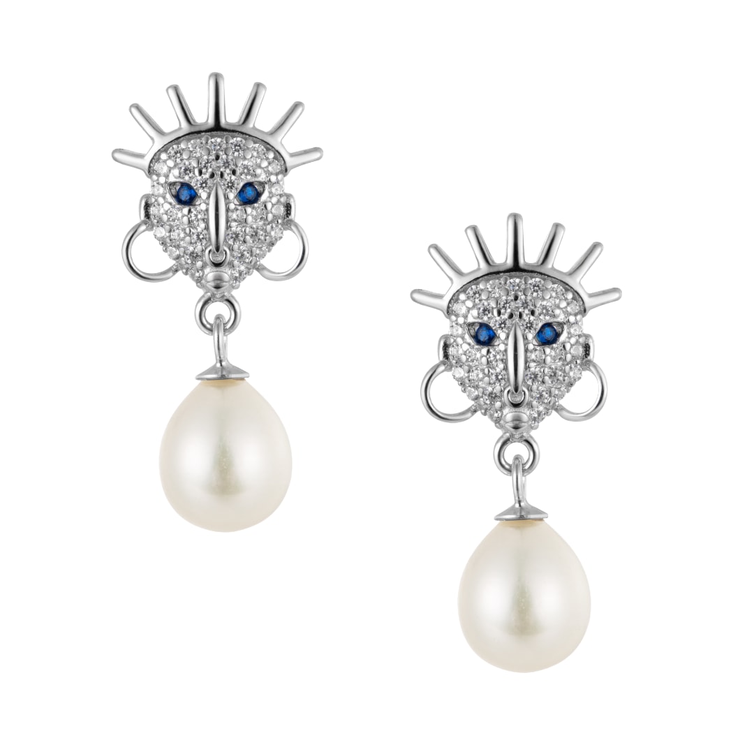 Dolà Women's Silver Ìdólá Pearl Drop Earrings – Platinum Plated With Sapphire Accents