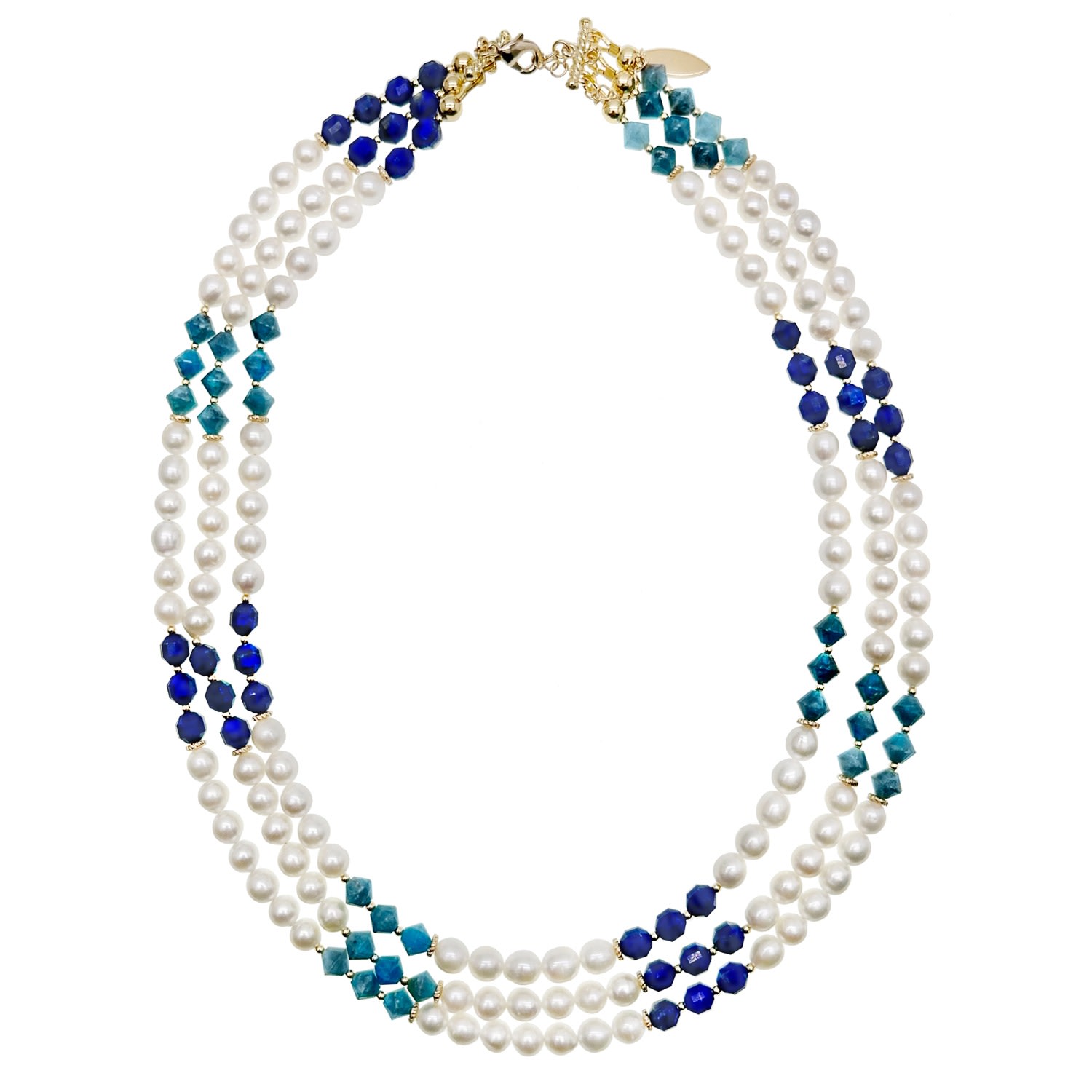 Farra Women's Blue / White Gemstone And Freshwater Pearls Colour Blocking Multi-strands Necklace In Multi