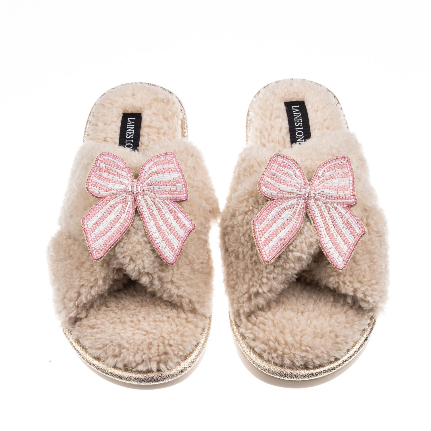 Laines London Women's Brown / Neutrals Laines Neutral Boucle Slippers With Pink Stripe Bow Brooches - Oatmeal In Brown