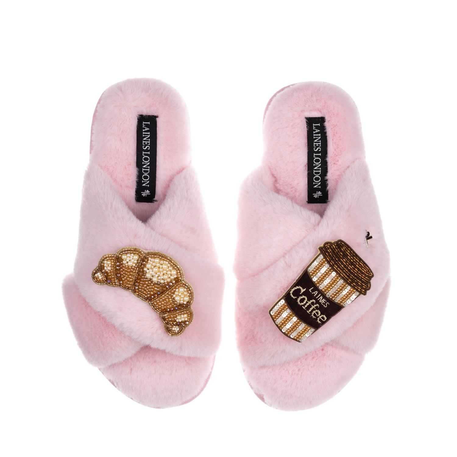 Women's Classic Laines Slippers With Coffee Cup & Croissant Brooches - Pink | Small | Laines London