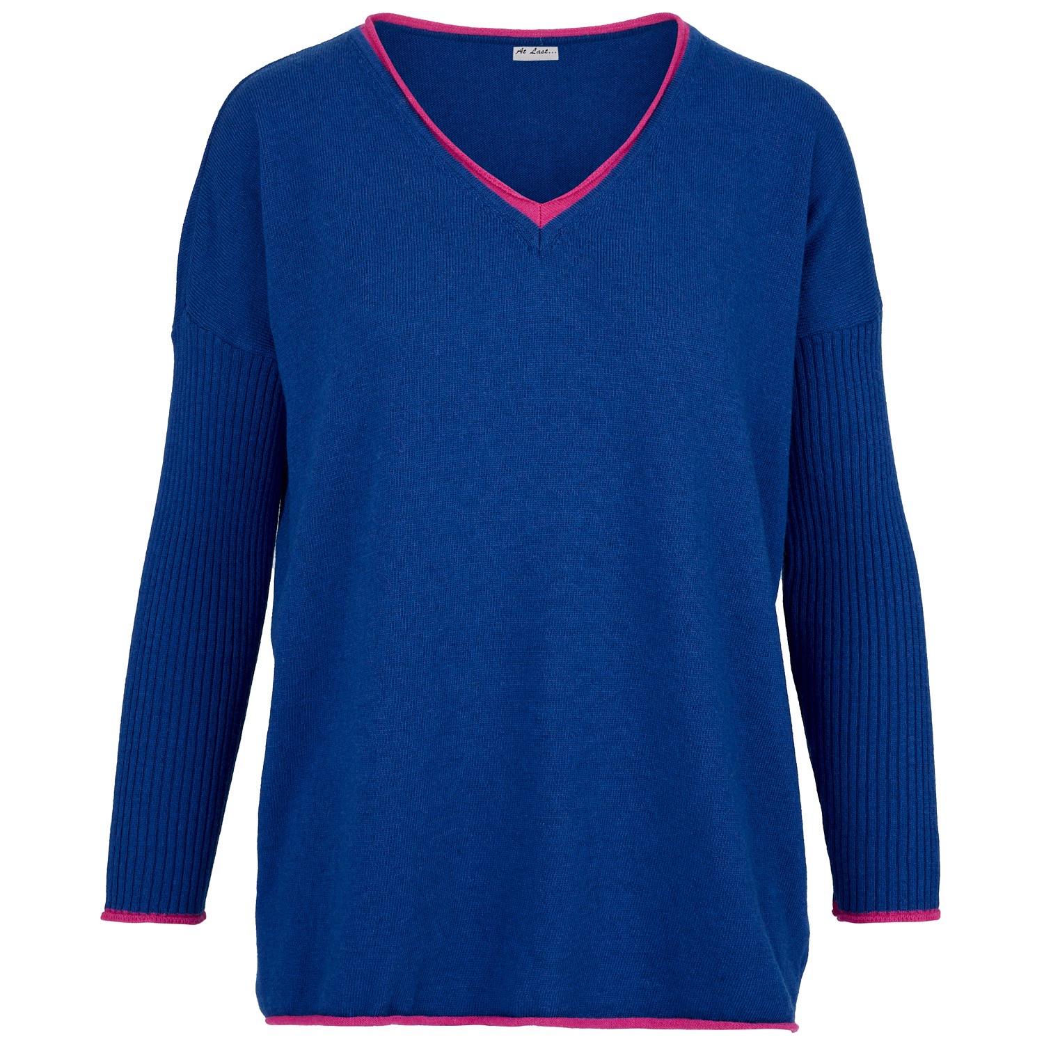 Women’s Cashmere Mix Sweater In Royal Blue With Hot Pink V-Neck One Size At Last...