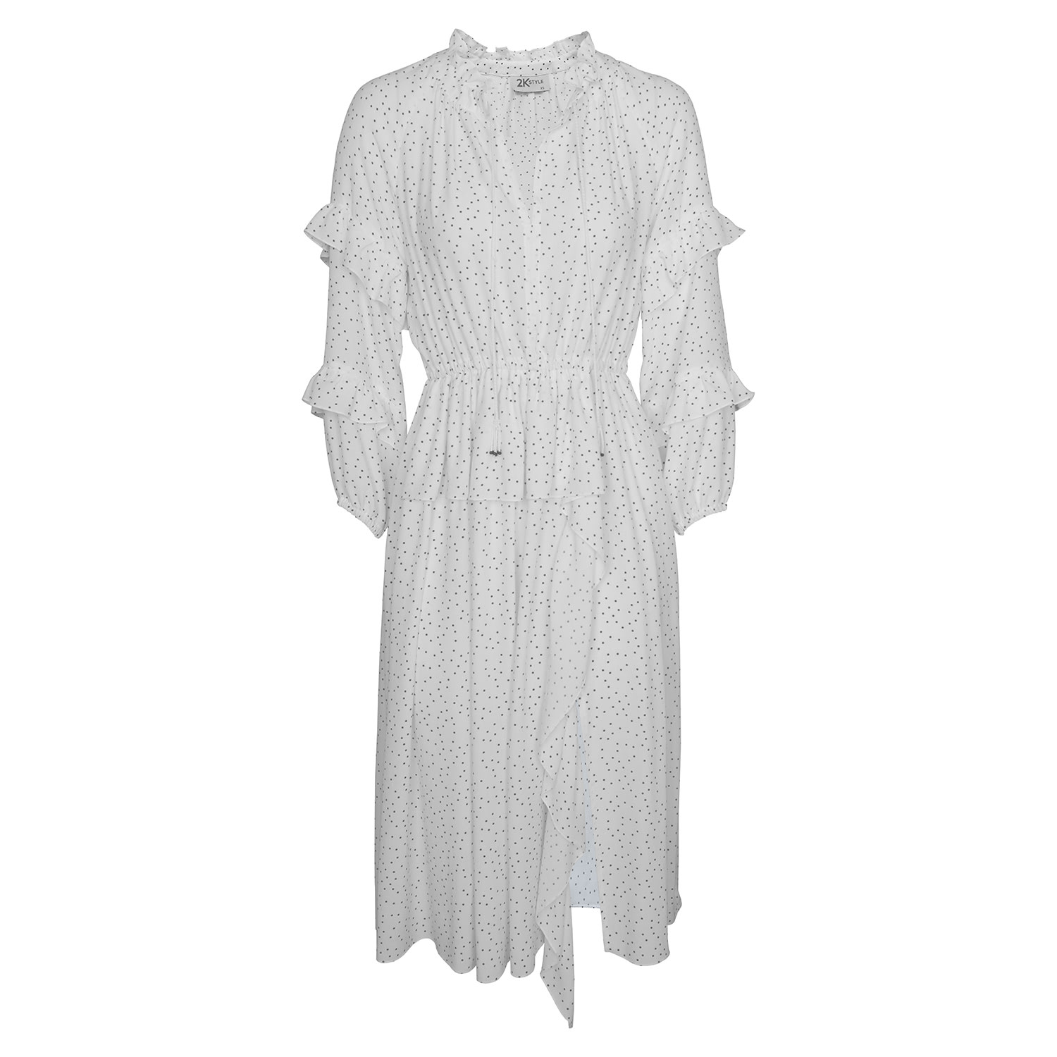 Women's White / Black Aaron Ruffled Split Polka-Dot Midi Dress - White | Large | 2Kstyle