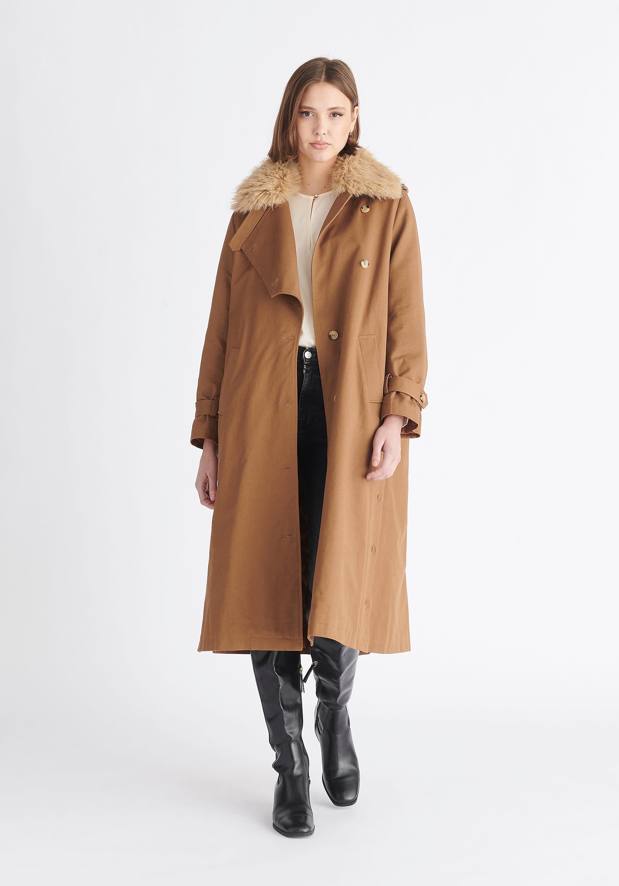 Faux Fur Collar Coat In Camel | PAISIE | Wolf & Badger