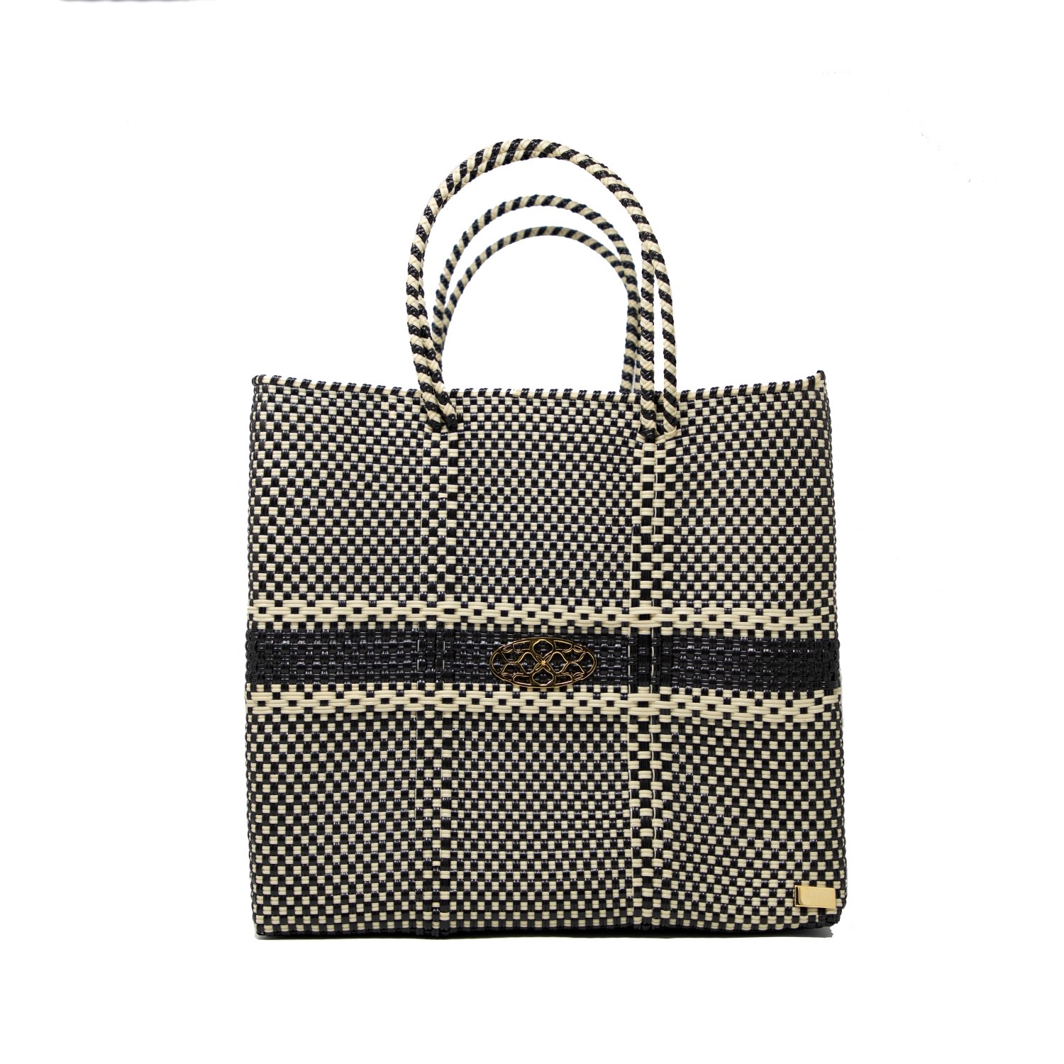 Women’s Medium Black Beige Striped Tote Bag Lolas Bag