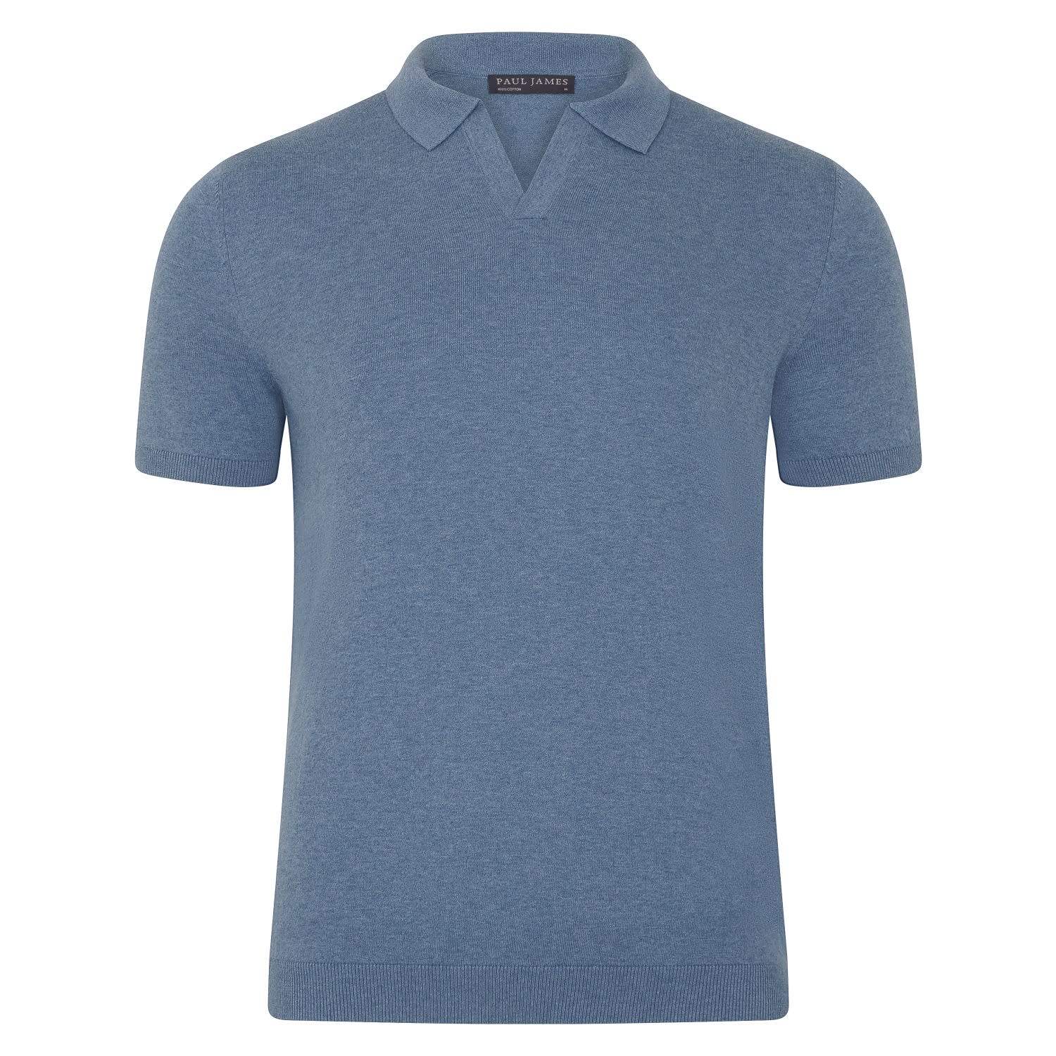 Paul James Knitwear Men's Ultra Fine Cotton Nathan Buttonless Polo Shirt - Denim Blue